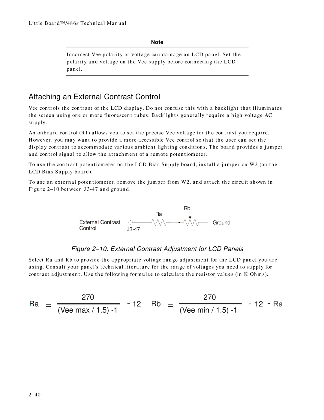 Ampro Corporation 486E manual Attaching an External Contrast Control, Ra = 270 Rb = Vee max Vee min / 1.5 