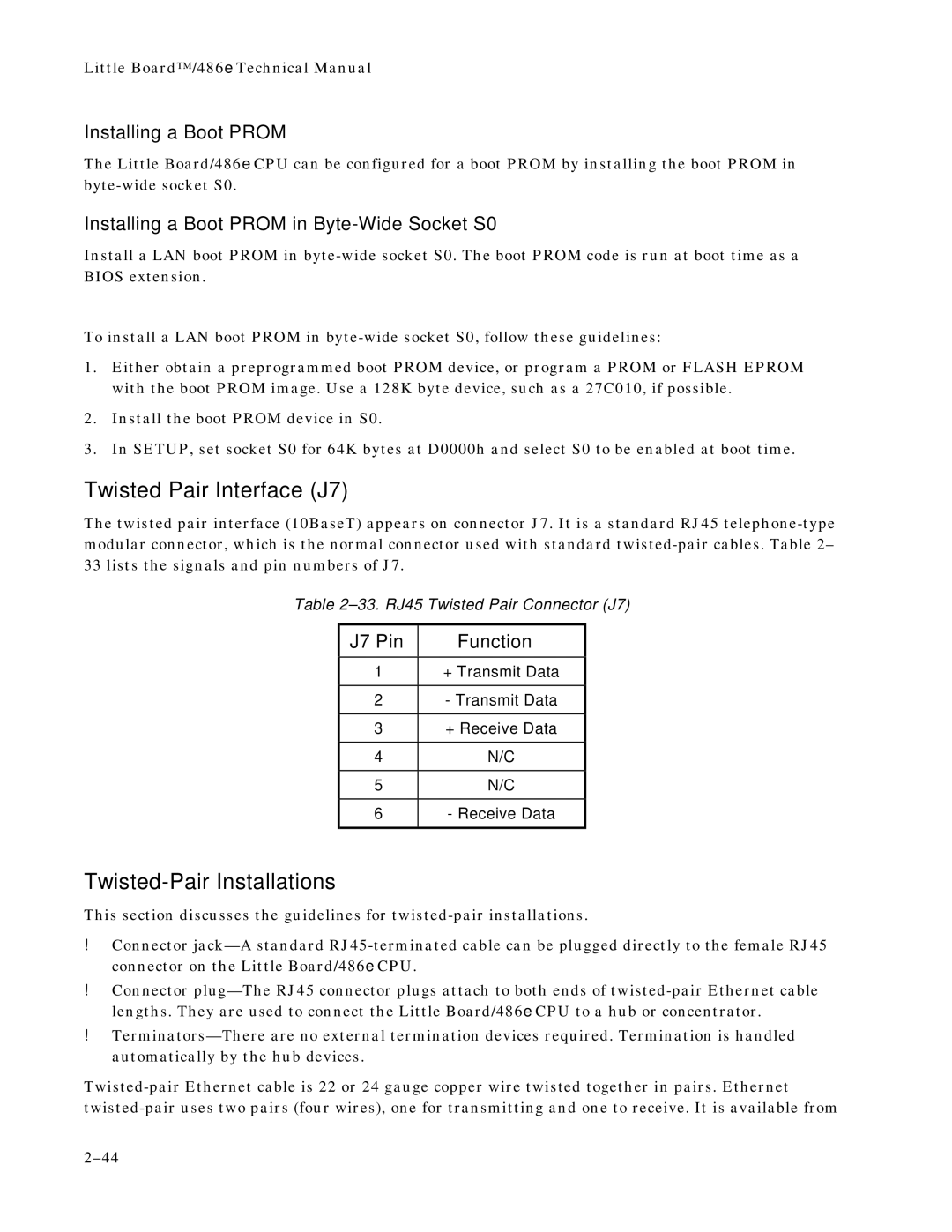 Ampro Corporation 486E Twisted Pair Interface J7, Twisted-Pair Installations, Installing a Boot Prom, J7 Pin Function 