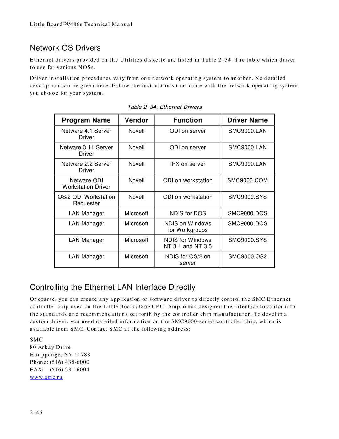 Ampro Corporation 486E manual Network OS Drivers, Controlling the Ethernet LAN Interface Directly 