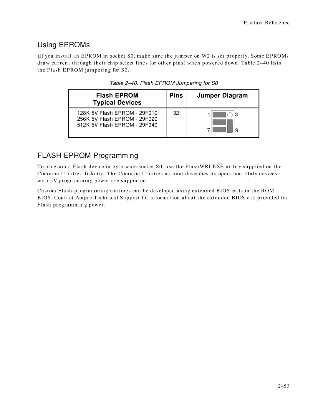 Ampro Corporation 486E manual Using EPROMs, Flash Eprom Programming, Flash Eprom Typical Devices Pins Jumper Diagram 