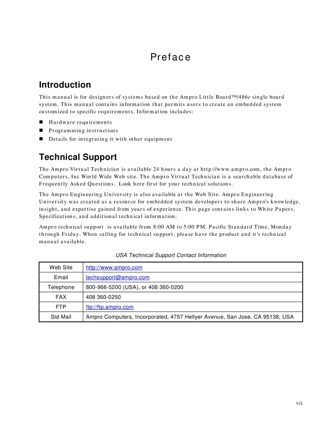 Ampro Corporation 486E manual Introduction, Technical Support 