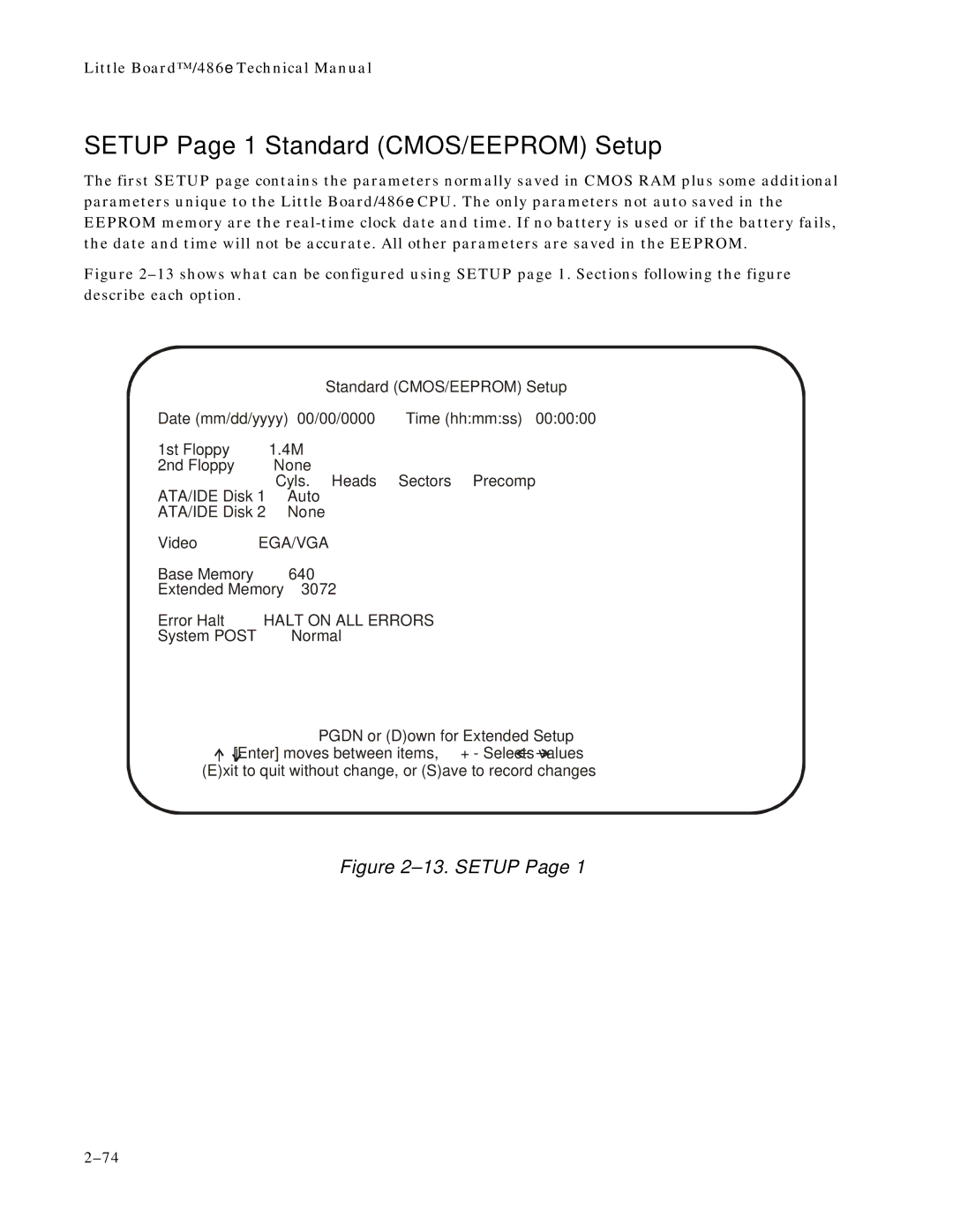 Ampro Corporation 486E manual Setup Page 1-Standard CMOS/EEPROM Setup 