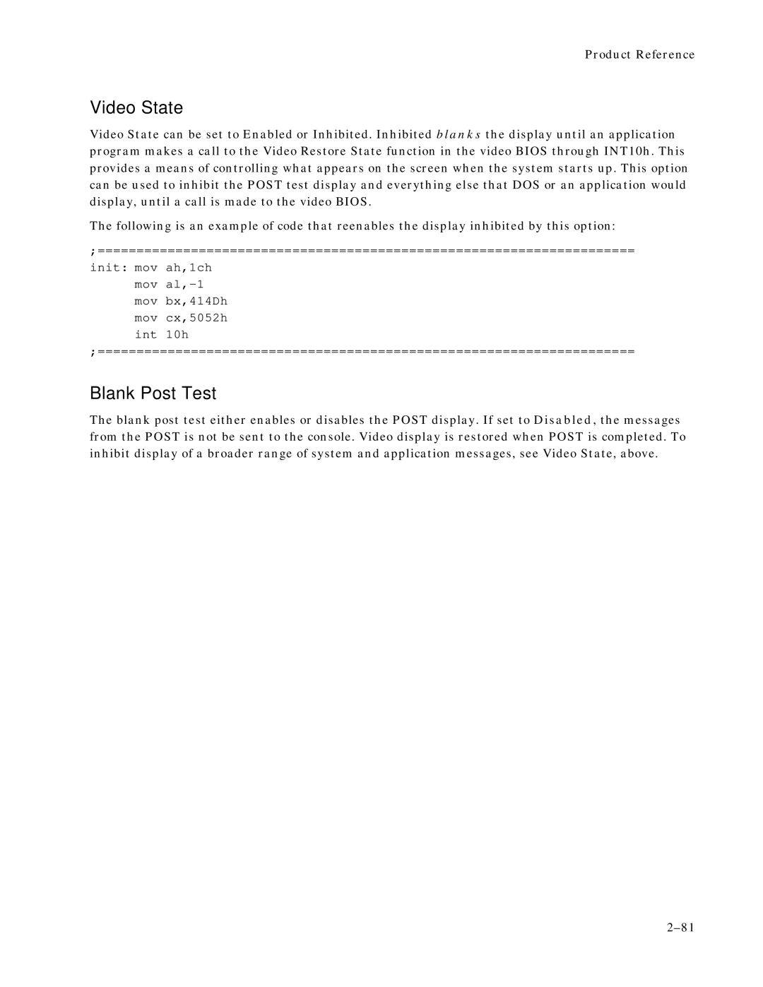 Ampro Corporation 486E manual Video State, Blank Post Test 