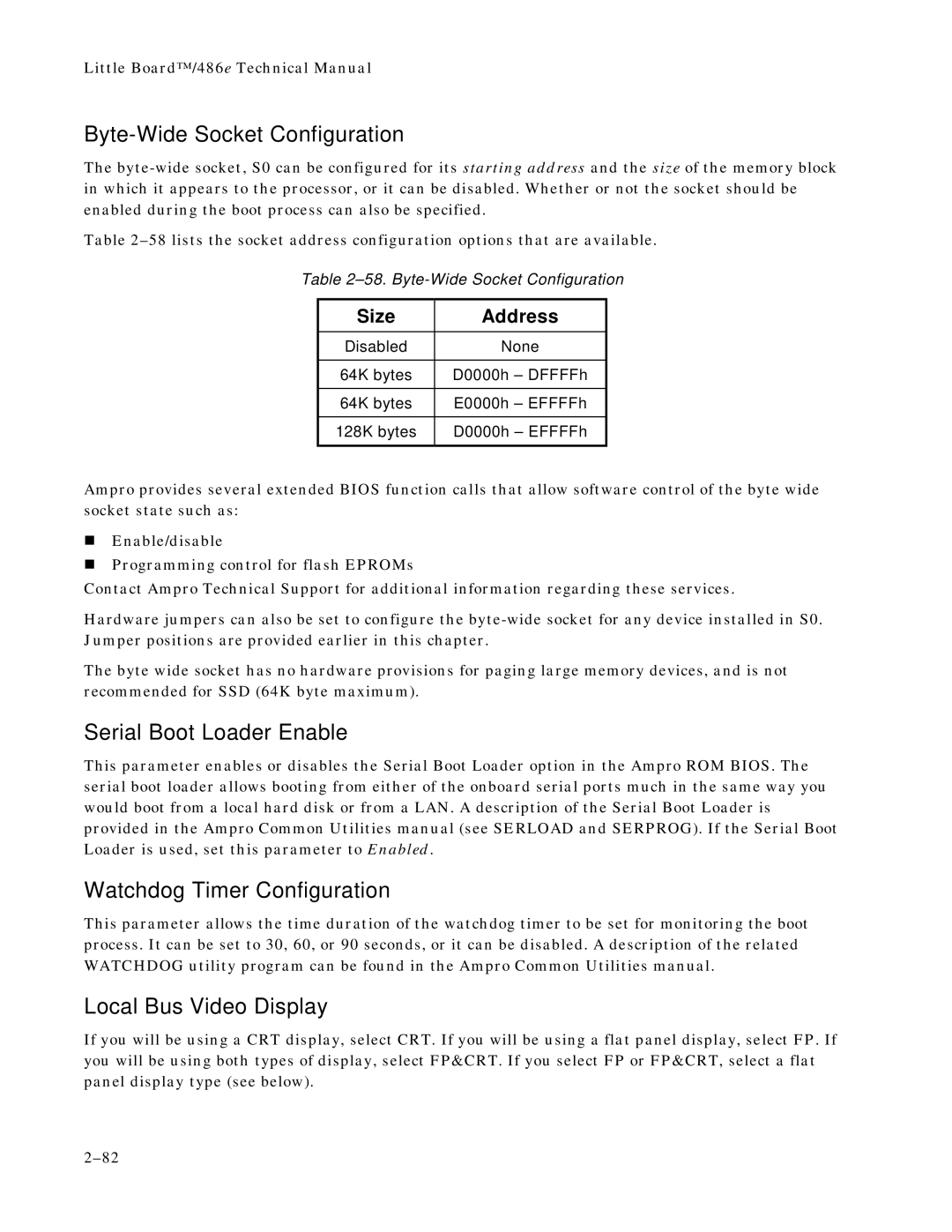 Ampro Corporation 486E manual Byte-Wide Socket Configuration, Serial Boot Loader Enable, Watchdog Timer Configuration 