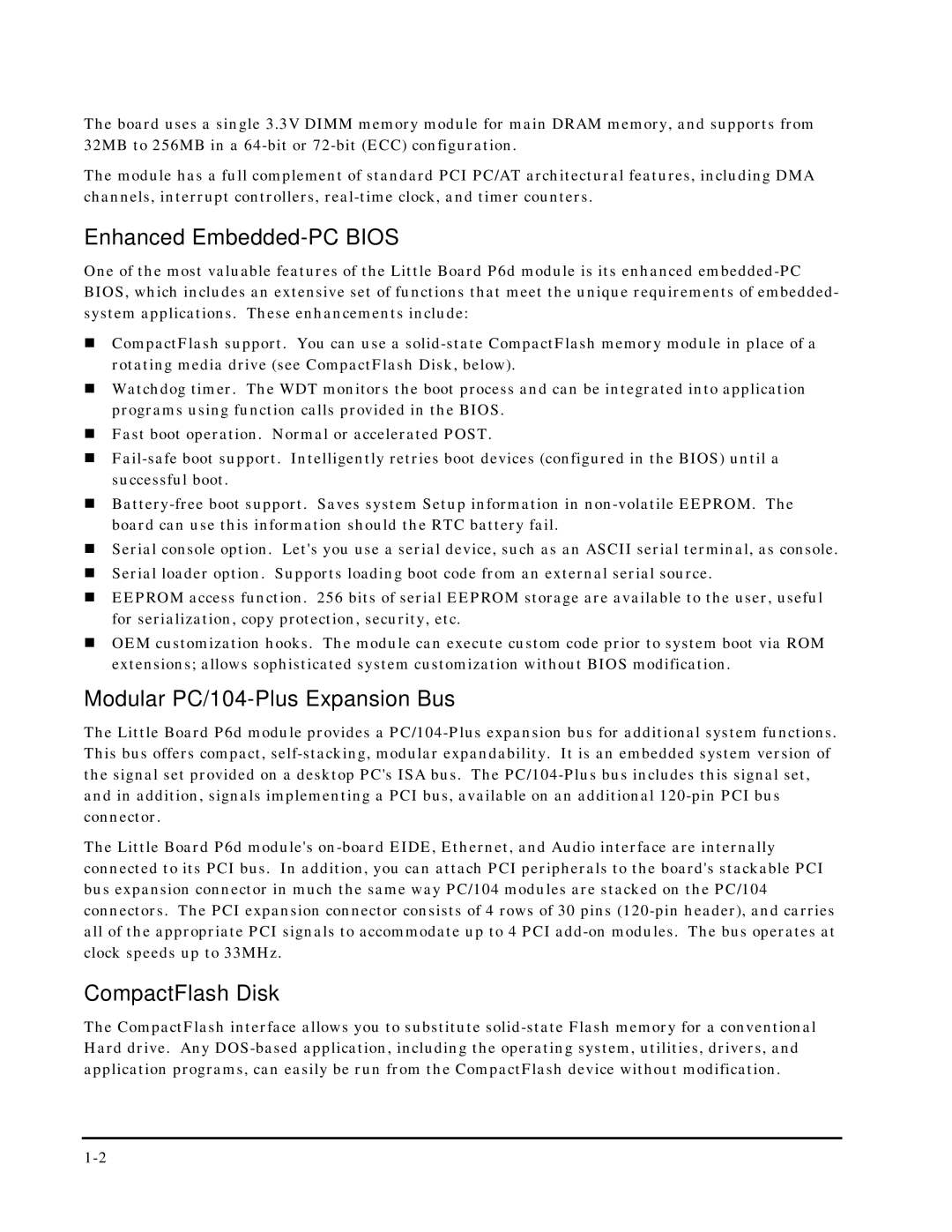 Ampro Corporation 5001451A manual Enhanced Embedded-PC Bios, Modular PC/104-Plus Expansion Bus, CompactFlash Disk 