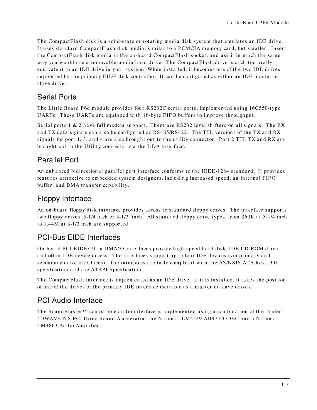 Ampro Corporation 5001451A Serial Ports, Parallel Port, Floppy Interface, PCI-Bus Eide Interfaces, PCI Audio Interface 