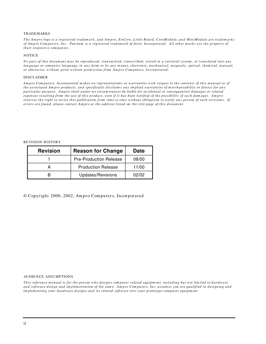 Ampro Corporation 5001451A manual Revision Reason for Change Date, Copyright 2000, 2002, Ampro Computers, Incorporated 