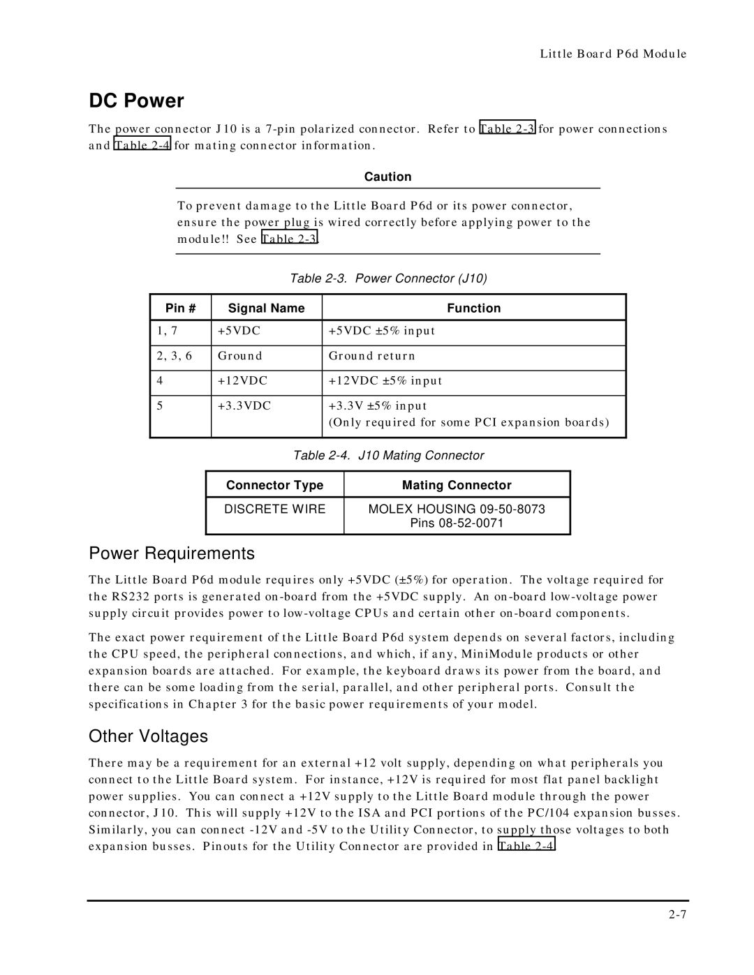 Ampro Corporation 5001451A manual DC Power, Power Requirements, Other Voltages, Pin # Signal Name Function 