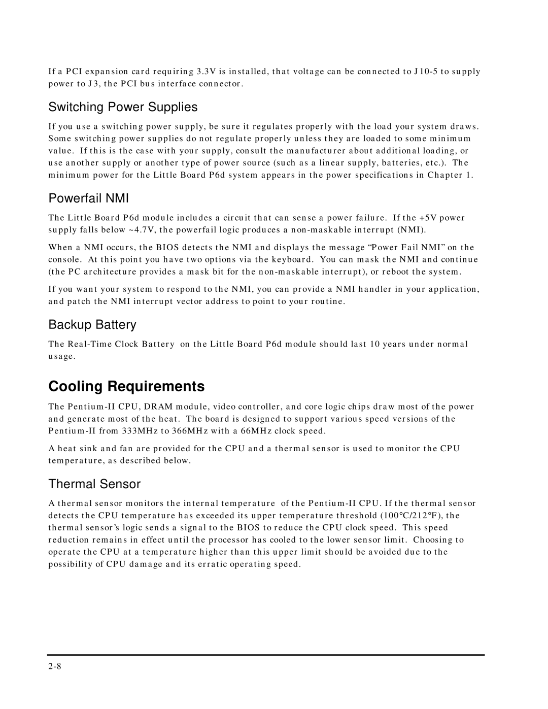 Ampro Corporation 5001451A Cooling Requirements, Switching Power Supplies, Powerfail NMI, Backup Battery, Thermal Sensor 