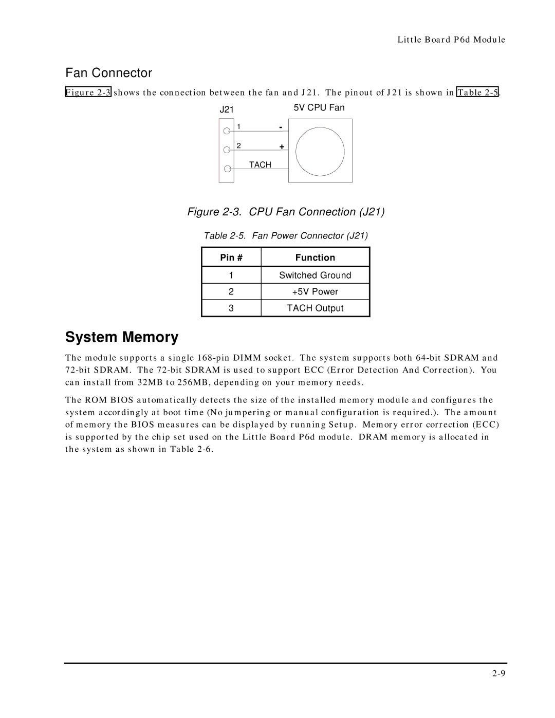 Ampro Corporation 5001451A manual System Memory, Fan Connector, Pin # Function 