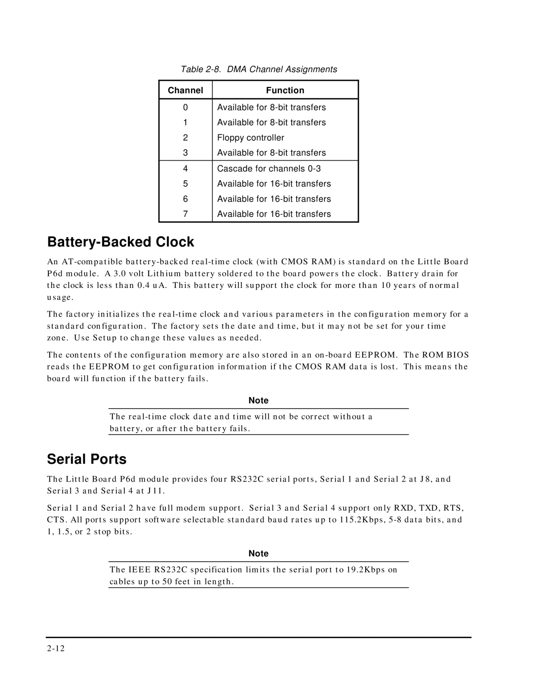 Ampro Corporation 5001451A manual Battery-Backed Clock, Serial Ports, Channel Function 