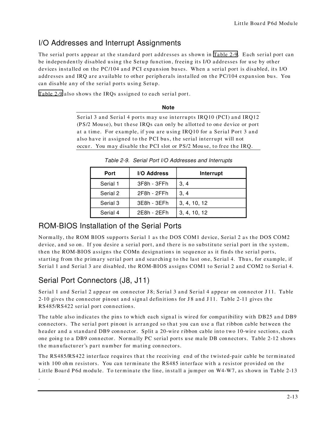 Ampro Corporation 5001451A manual Addresses and Interrupt Assignments, ROM-BIOS Installation of the Serial Ports 