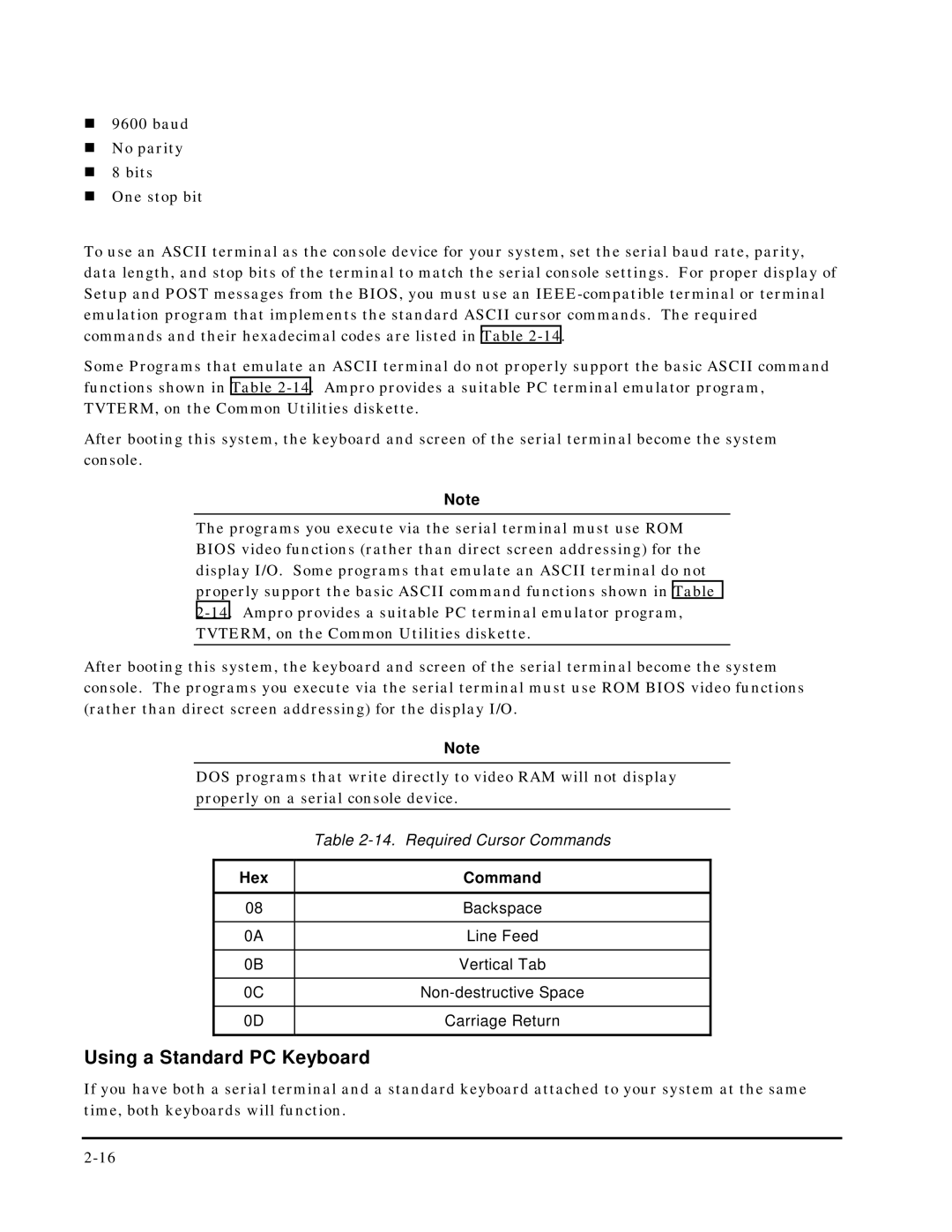 Ampro Corporation 5001451A manual Using a Standard PC Keyboard 