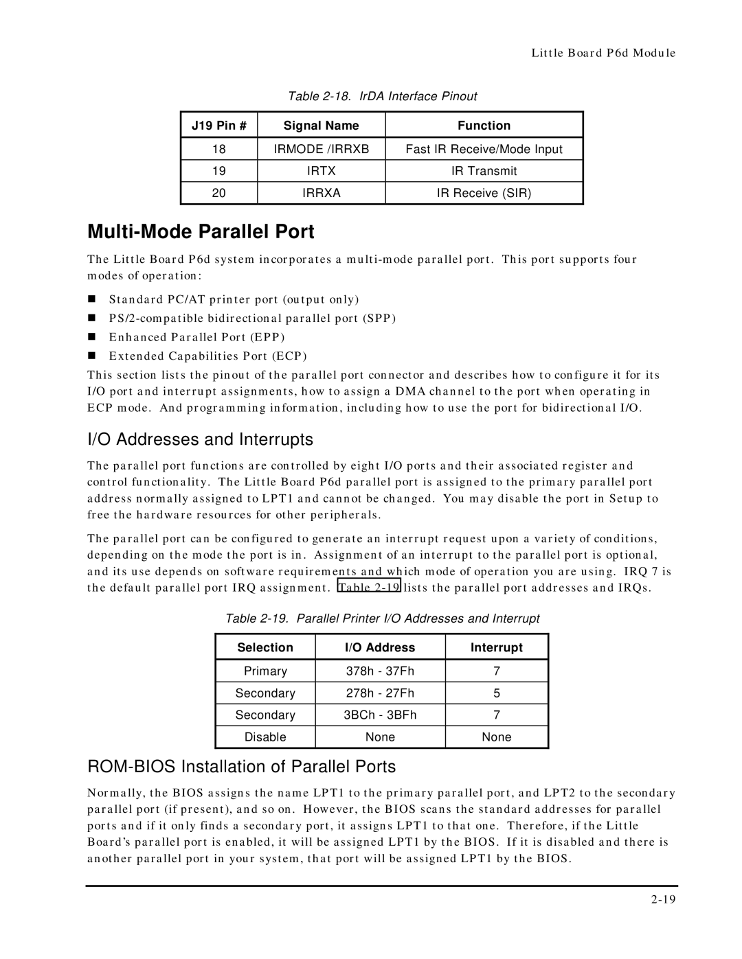 Ampro Corporation 5001451A Multi-Mode Parallel Port, Addresses and Interrupts, ROM-BIOS Installation of Parallel Ports 