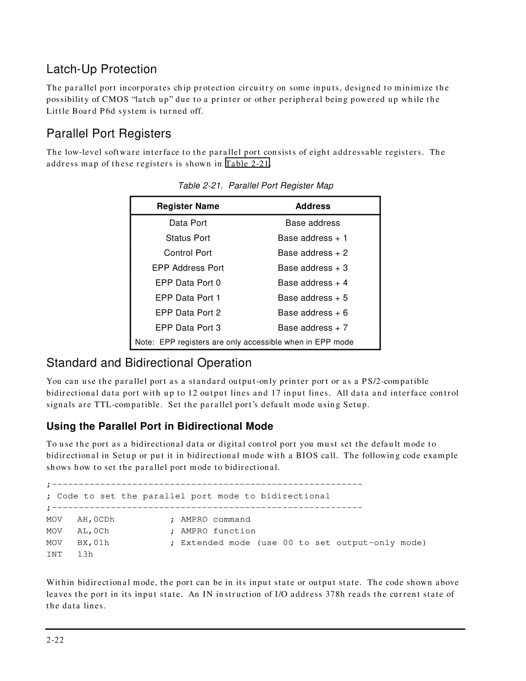 Ampro Corporation 5001451A manual Latch-Up Protection, Parallel Port Registers, Standard and Bidirectional Operation 