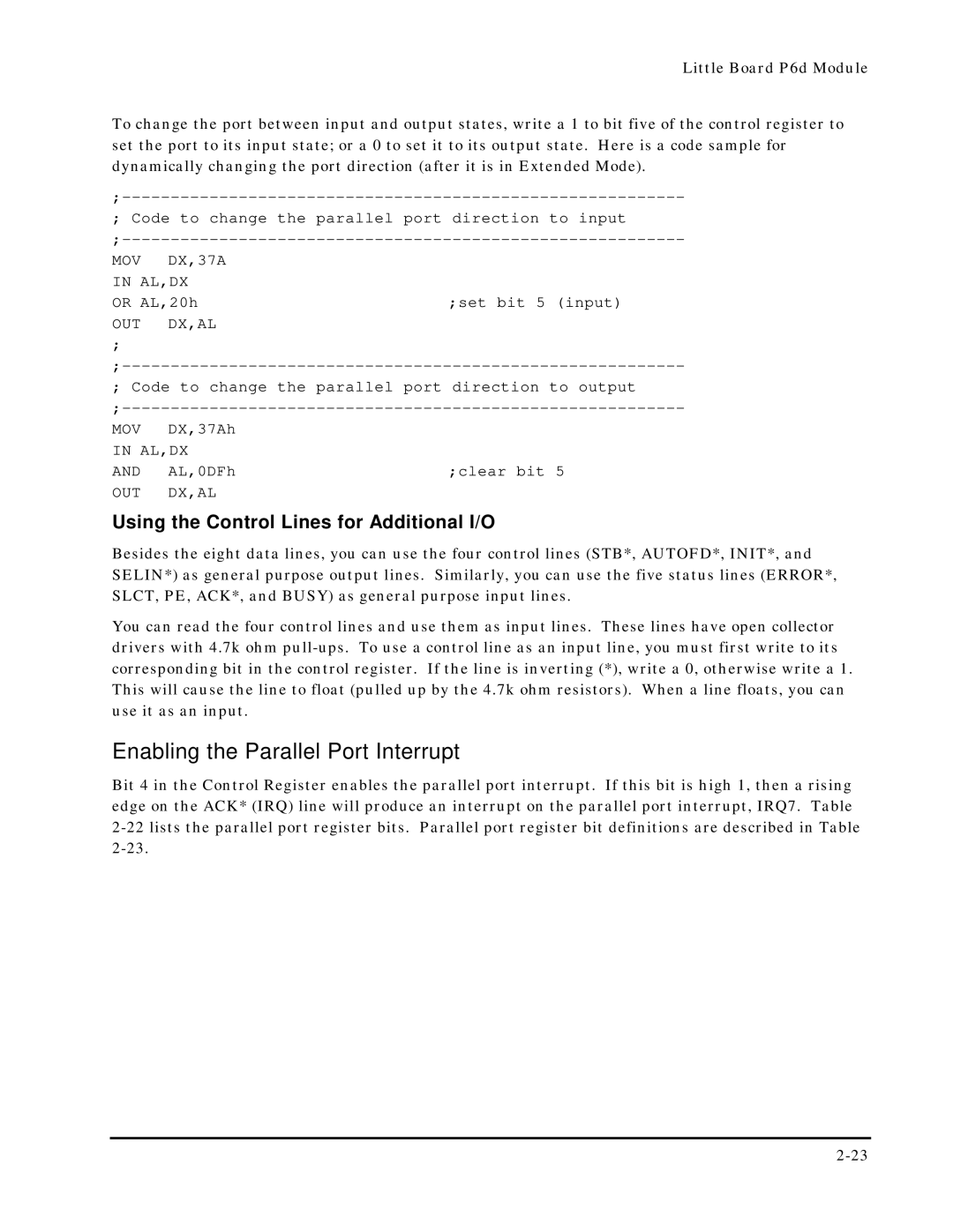 Ampro Corporation 5001451A manual Enabling the Parallel Port Interrupt, Using the Control Lines for Additional I/O 