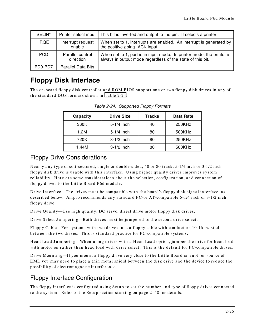 Ampro Corporation 5001451A manual Floppy Disk Interface, Floppy Drive Considerations, Floppy Interface Configuration 