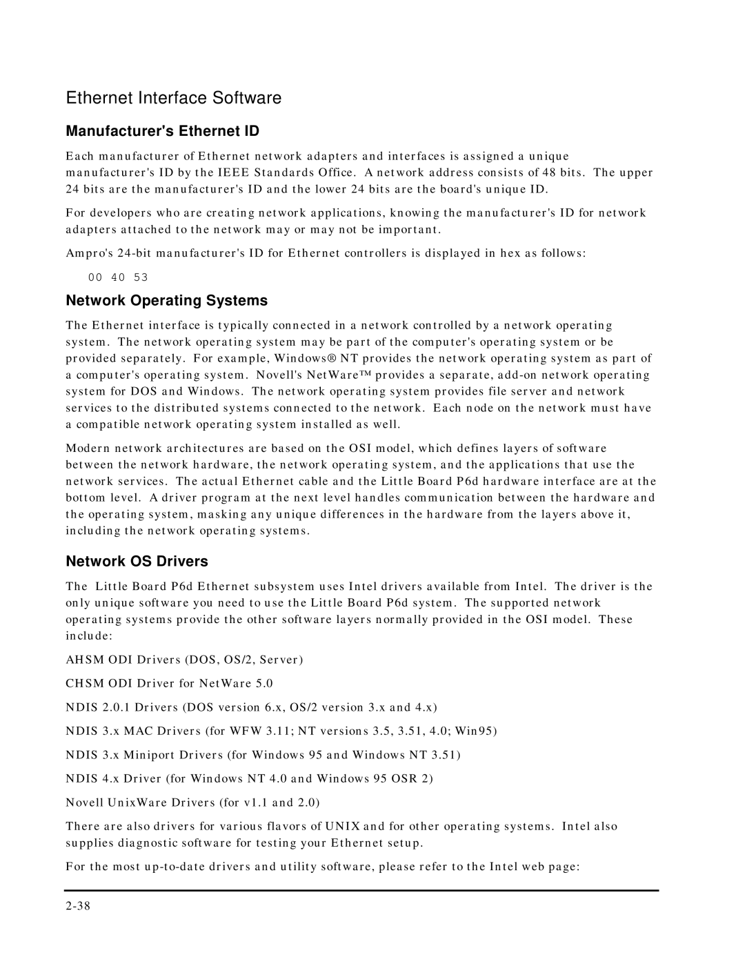 Ampro Corporation 5001451A manual Ethernet Interface Software, Manufacturers Ethernet ID, Network Operating Systems 