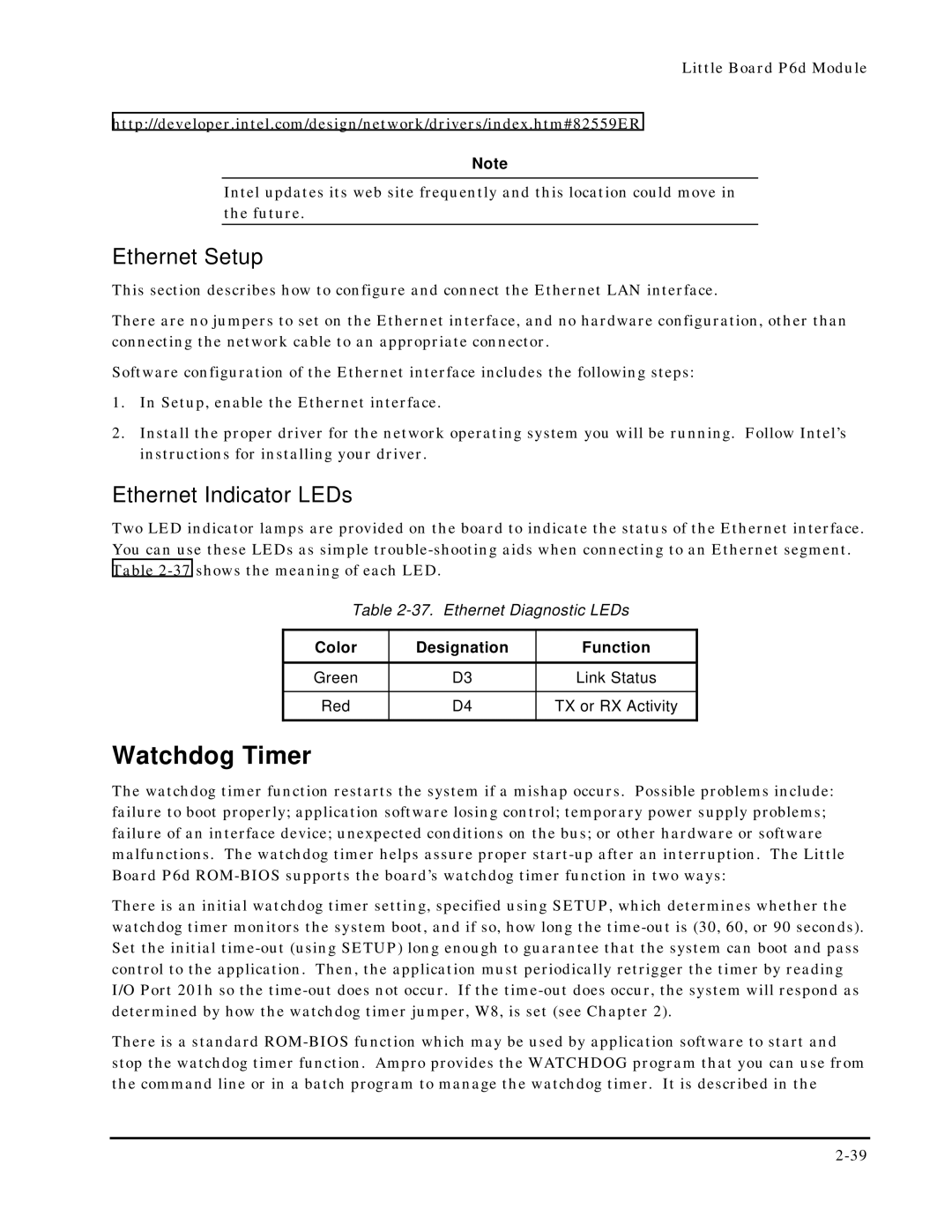 Ampro Corporation 5001451A manual Watchdog Timer, Ethernet Setup, Ethernet Indicator LEDs, Color Designation Function 