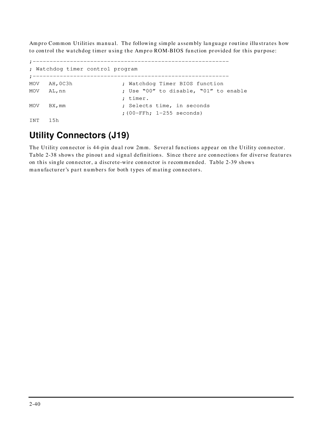 Ampro Corporation 5001451A manual Utility Connectors J19 