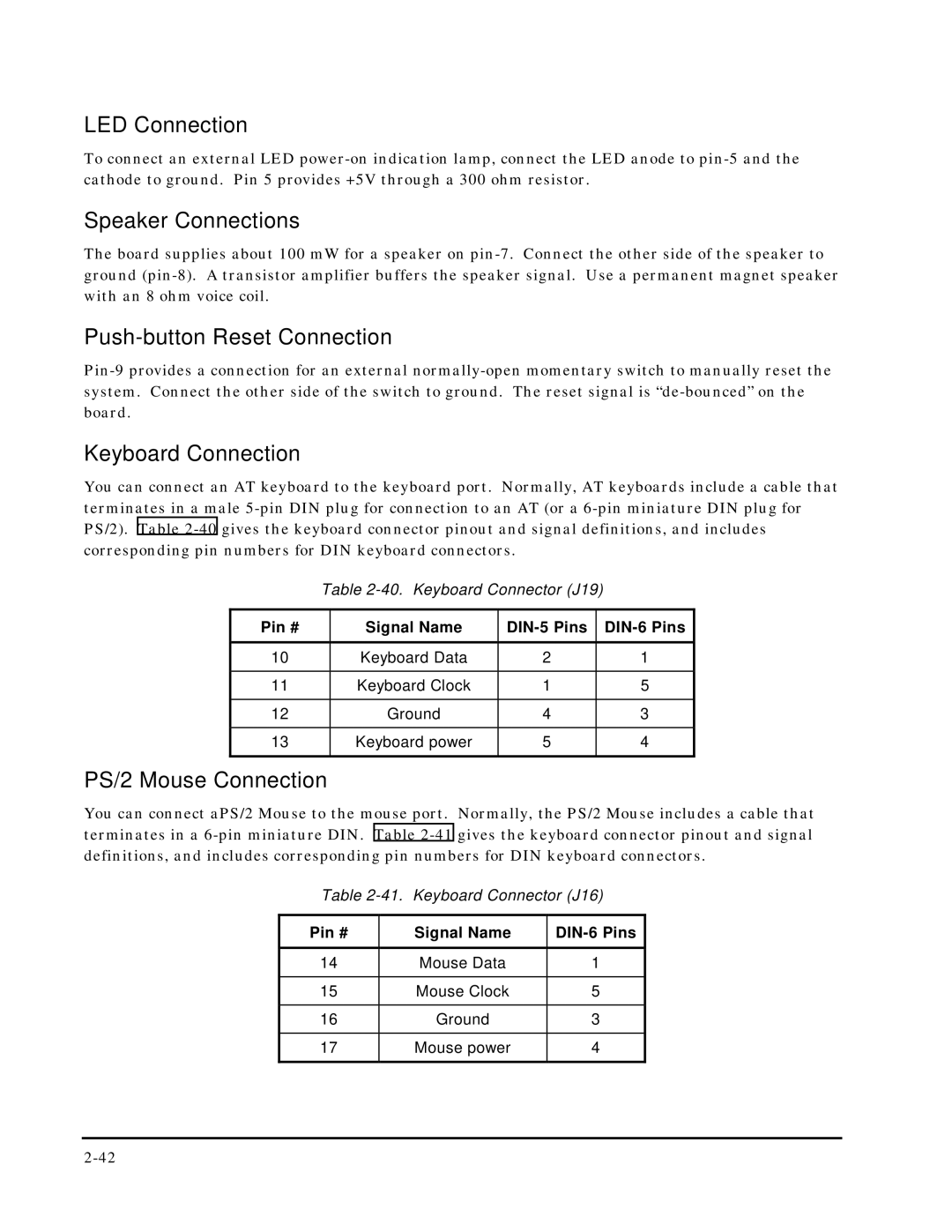 Ampro Corporation 5001451A manual LED Connection, Speaker Connections, Push-button Reset Connection, Keyboard Connection 