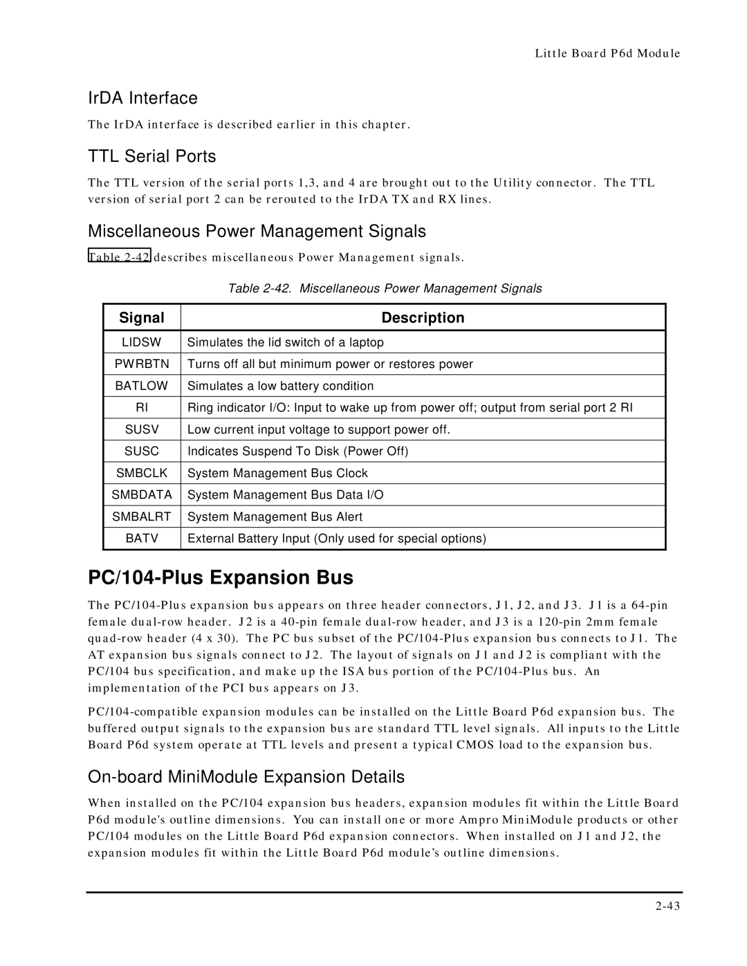 Ampro Corporation 5001451A manual PC/104-Plus Expansion Bus, IrDA Interface, TTL Serial Ports 