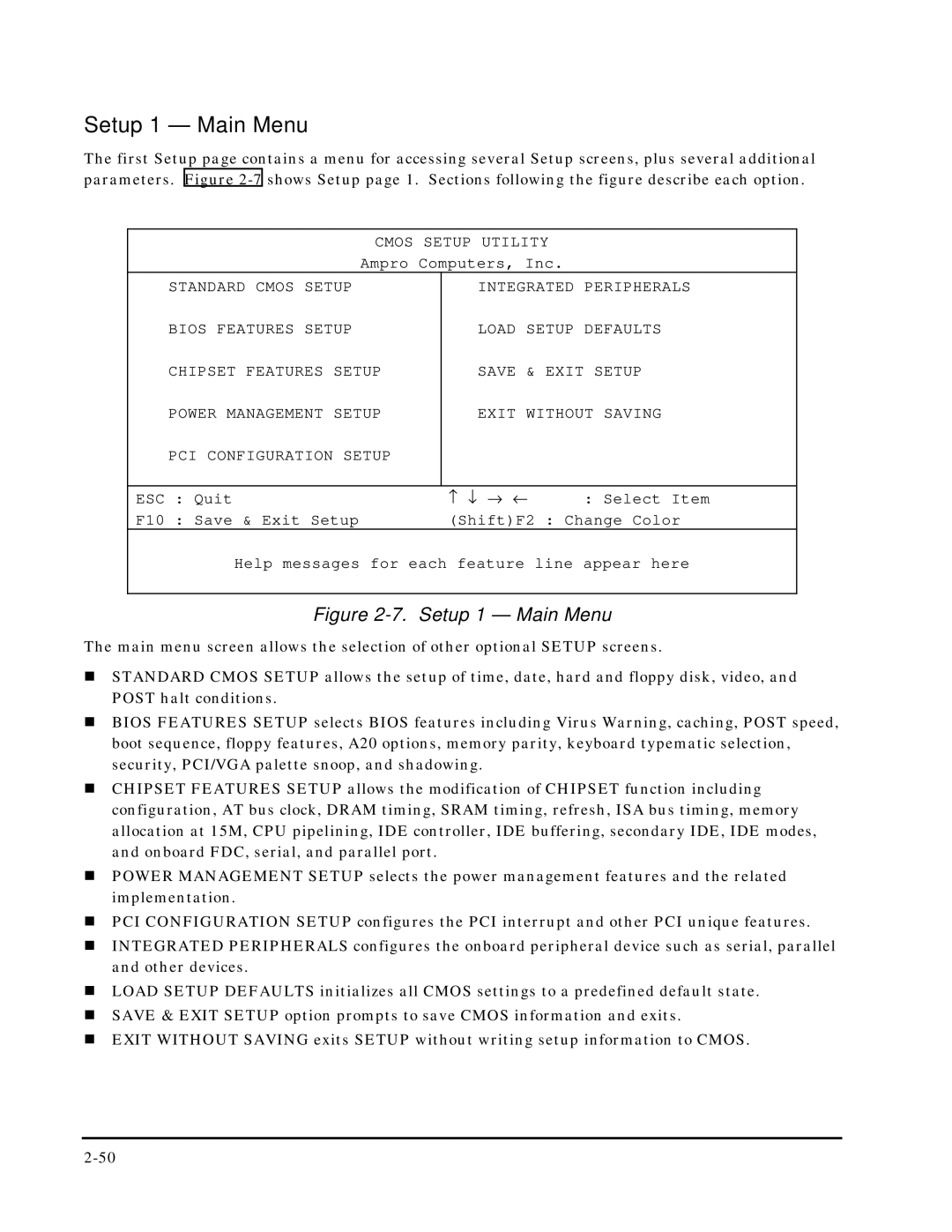 Ampro Corporation 5001451A manual Setup 1 Main Menu, ↑ ↓ → ← 