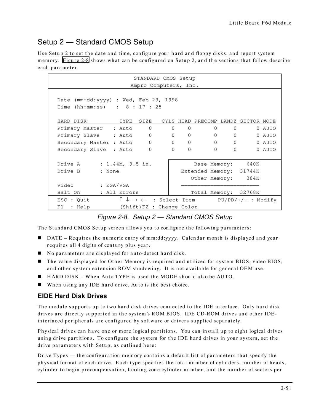 Ampro Corporation 5001451A manual Setup 2 Standard Cmos Setup, Eide Hard Disk Drives 