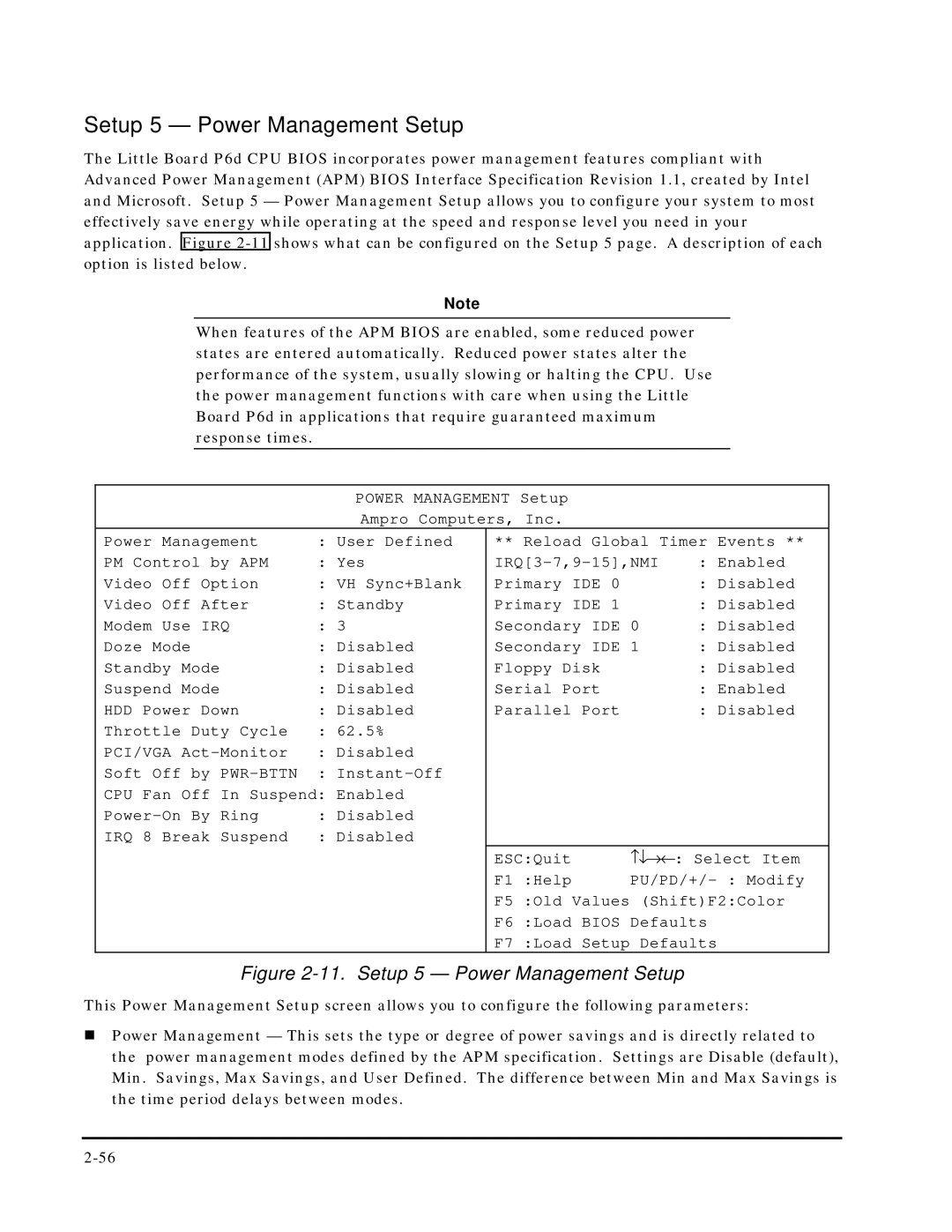 Ampro Corporation 5001451A manual Setup 5 Power Management Setup 