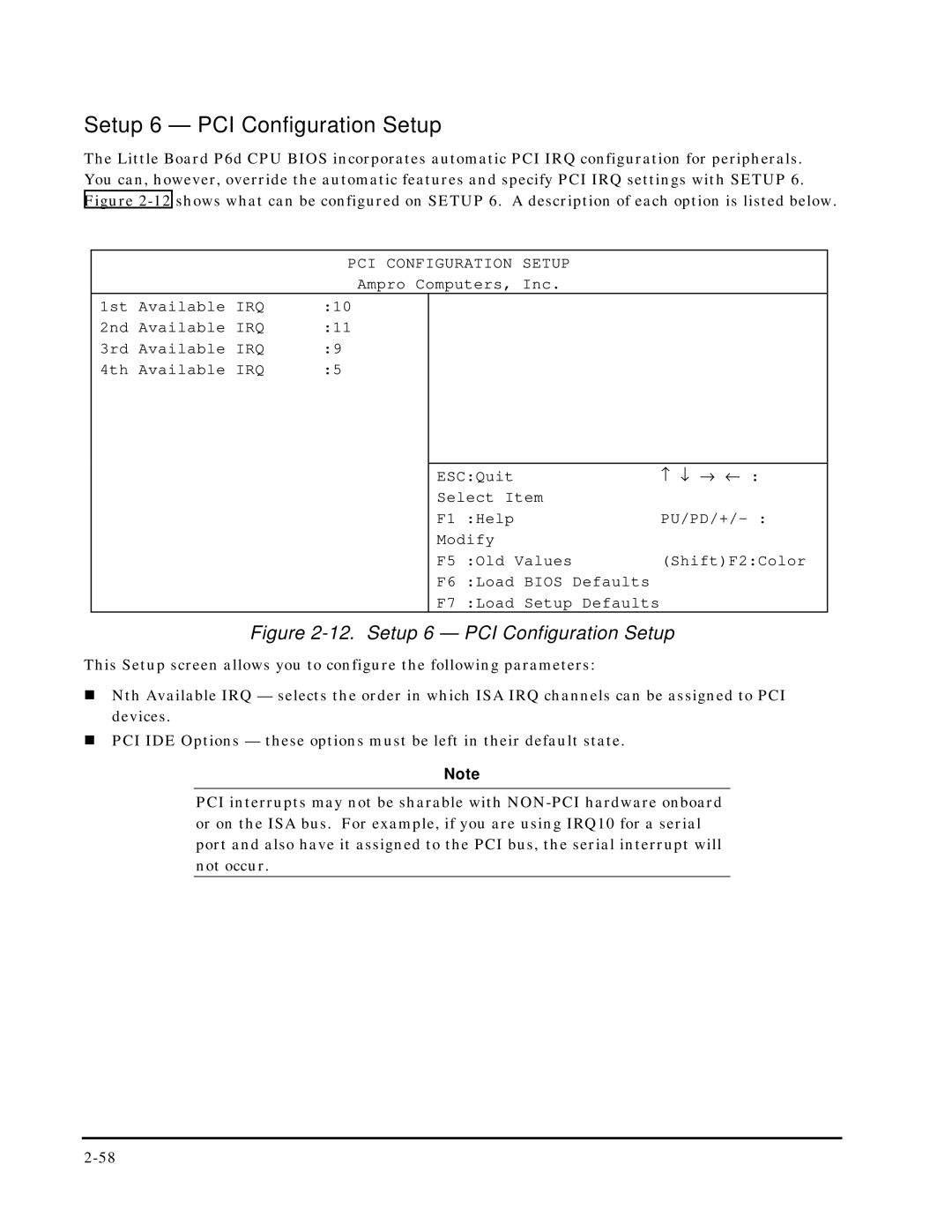 Ampro Corporation 5001451A manual Setup 6 PCI Configuration Setup 