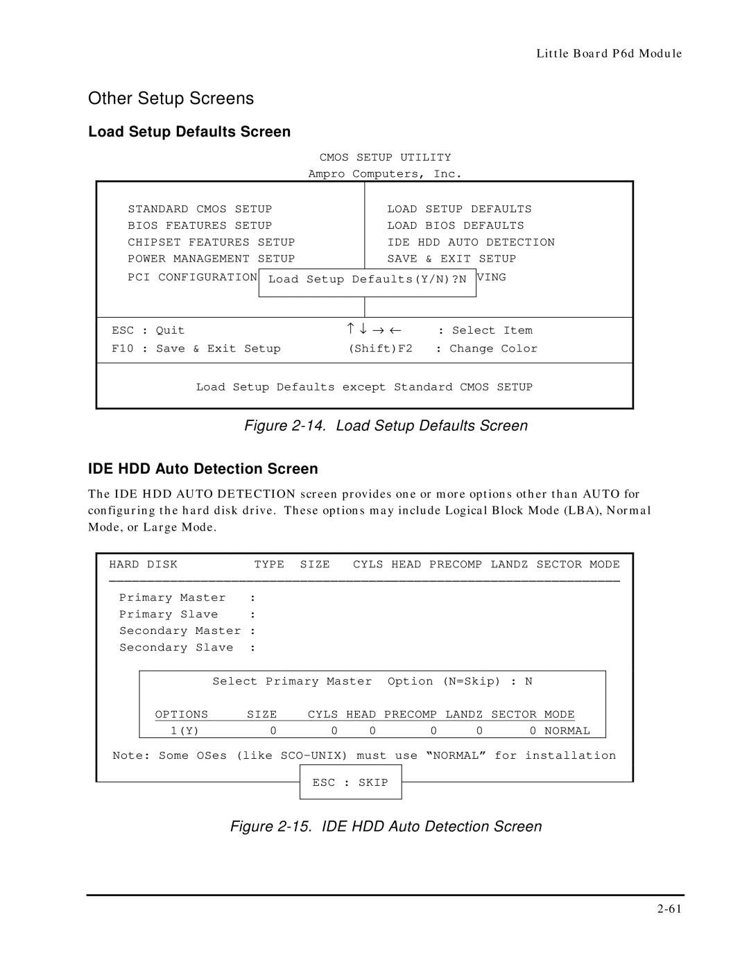 Ampro Corporation 5001451A manual Other Setup Screens, Load Setup Defaults Screen, IDE HDD Auto Detection Screen 