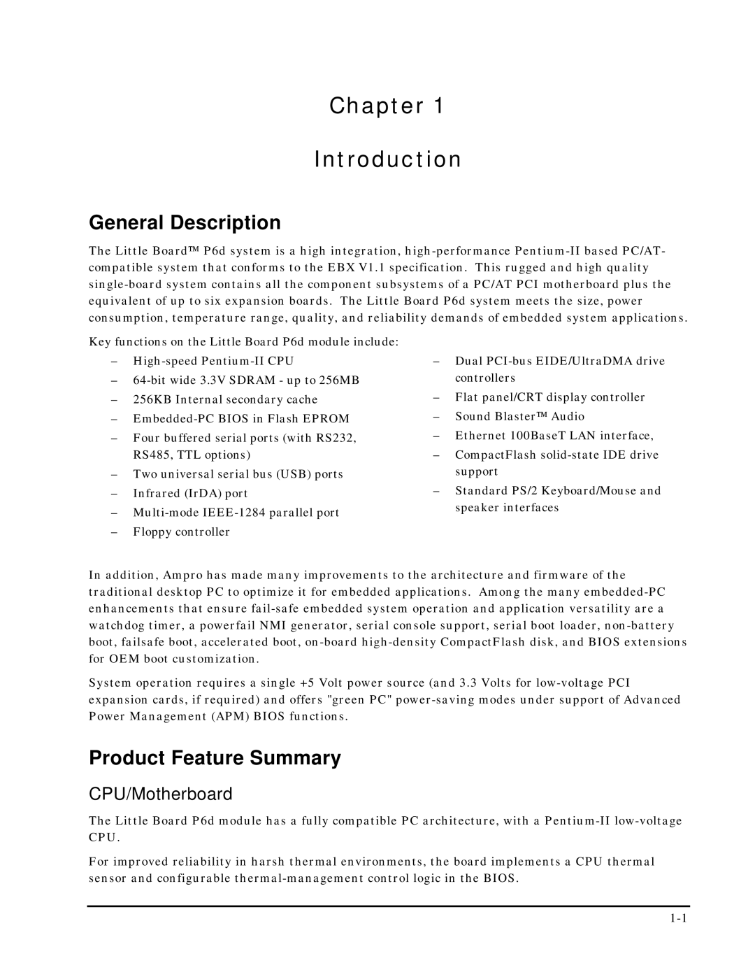 Ampro Corporation 5001451A manual General Description, Product Feature Summary, CPU/Motherboard 