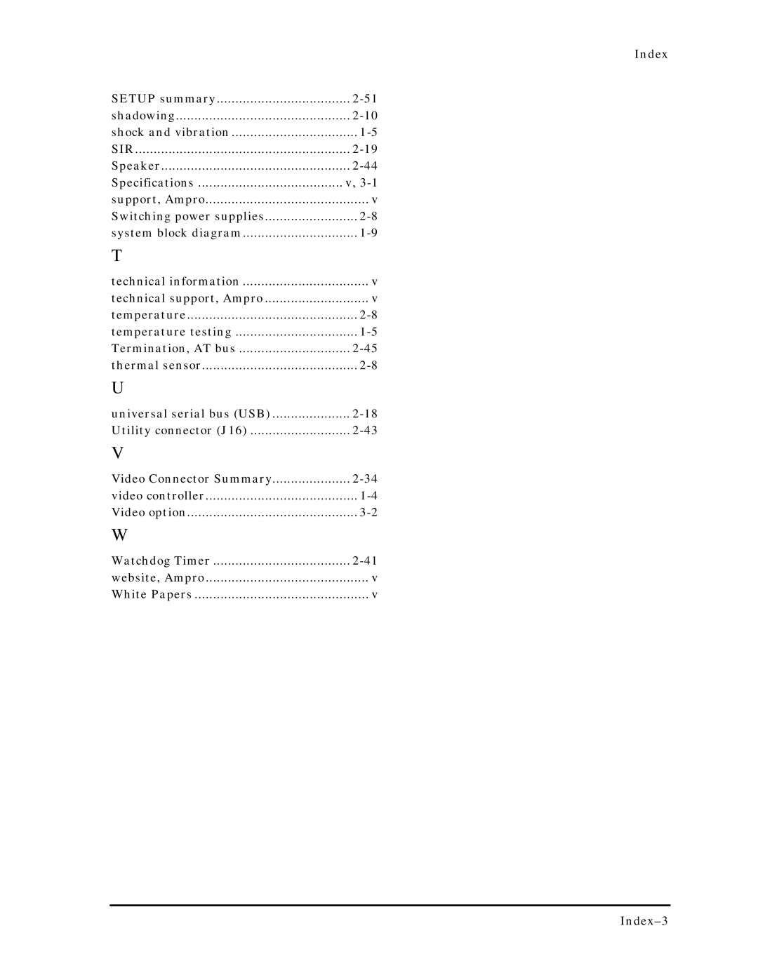 Ampro Corporation 5001451A manual Index Setup summary Shadowing 