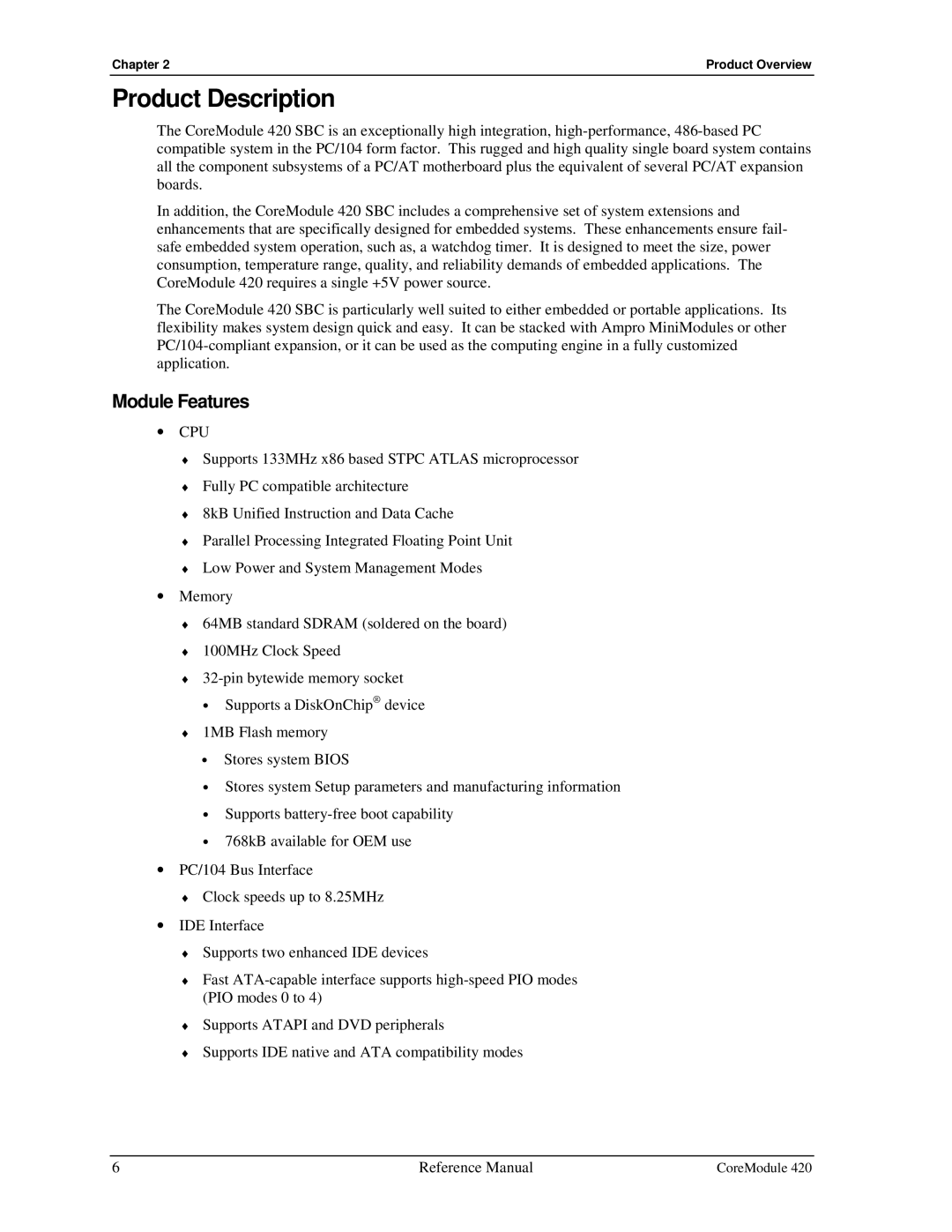 Ampro Corporation 5001692A manual Product Description, Module Features, Cpu 