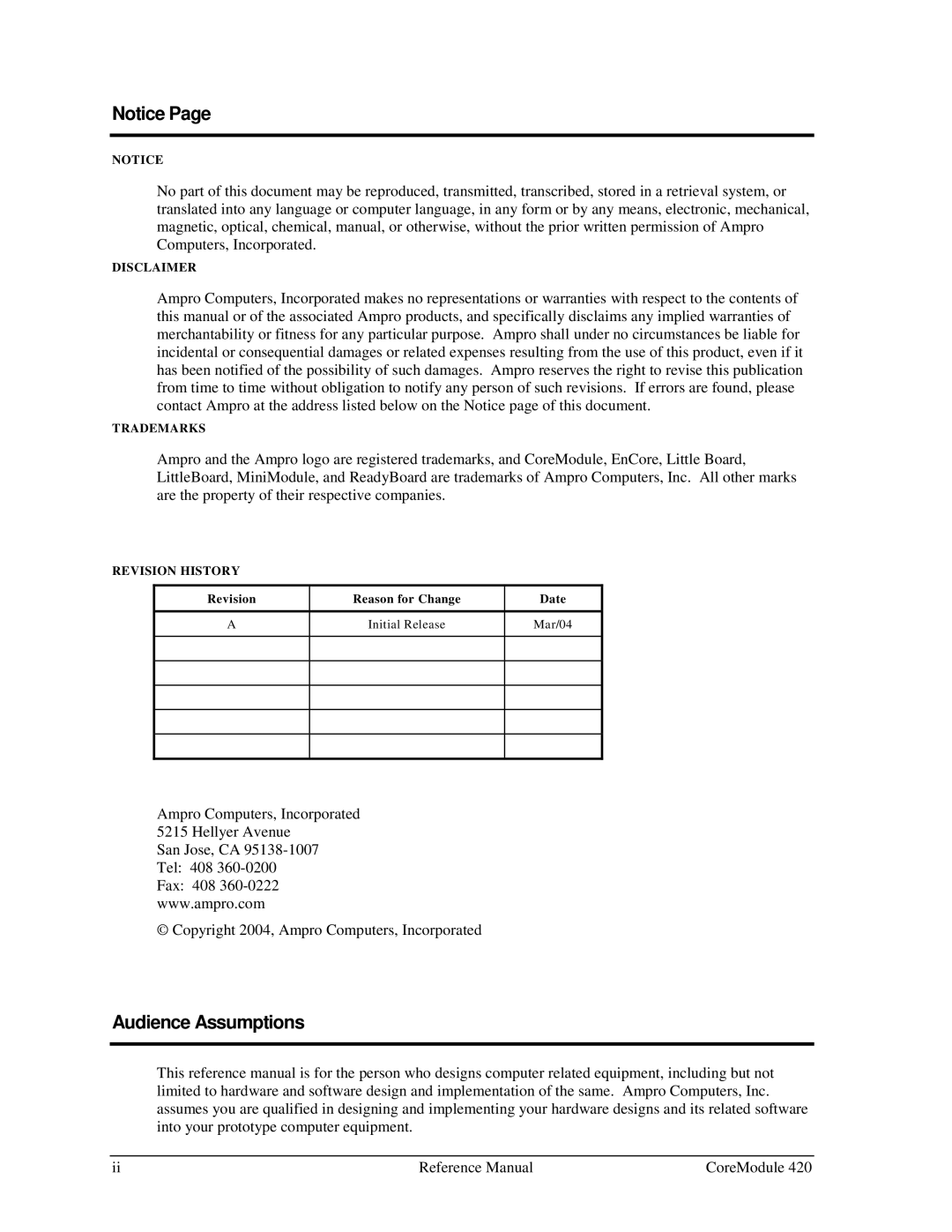 Ampro Corporation 5001692A manual Audience Assumptions 