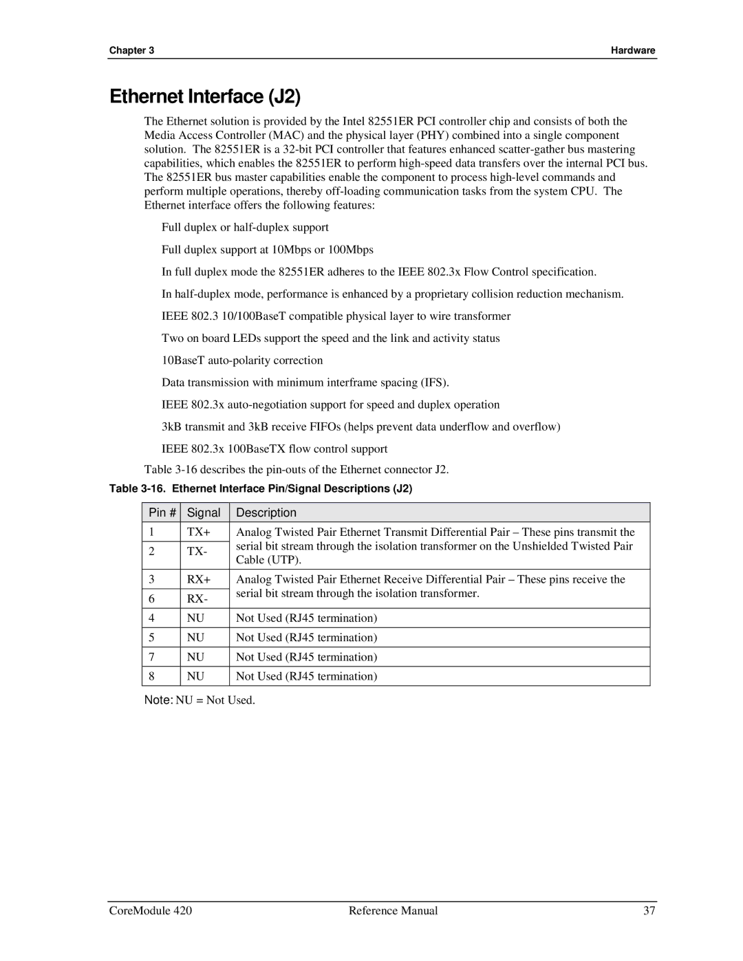 Ampro Corporation 5001692A manual Ethernet Interface J2, Tx+, Rx+ 