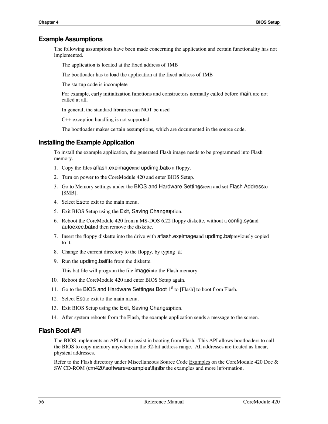 Ampro Corporation 5001692A manual Example Assumptions, Installing the Example Application, Flash Boot API 