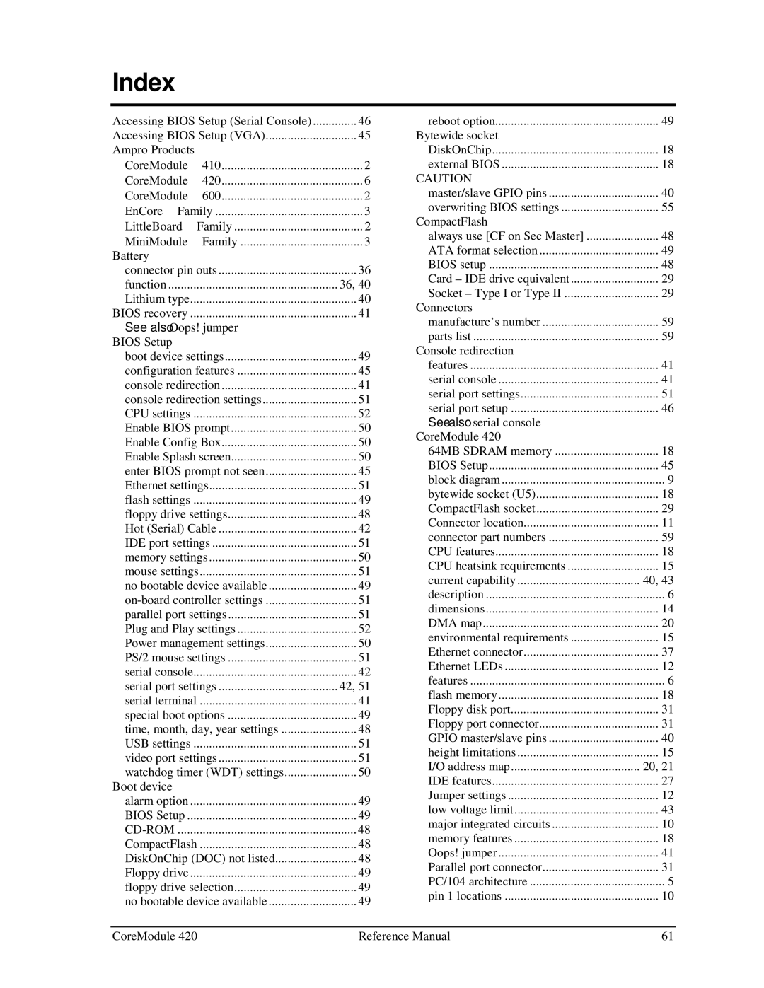 Ampro Corporation 5001692A manual Index, See also Oops! jumper Bios Setup 