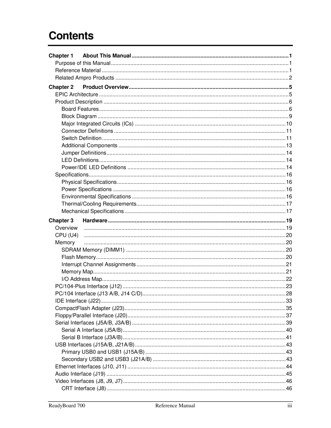 Ampro Corporation 700 manual Contents 