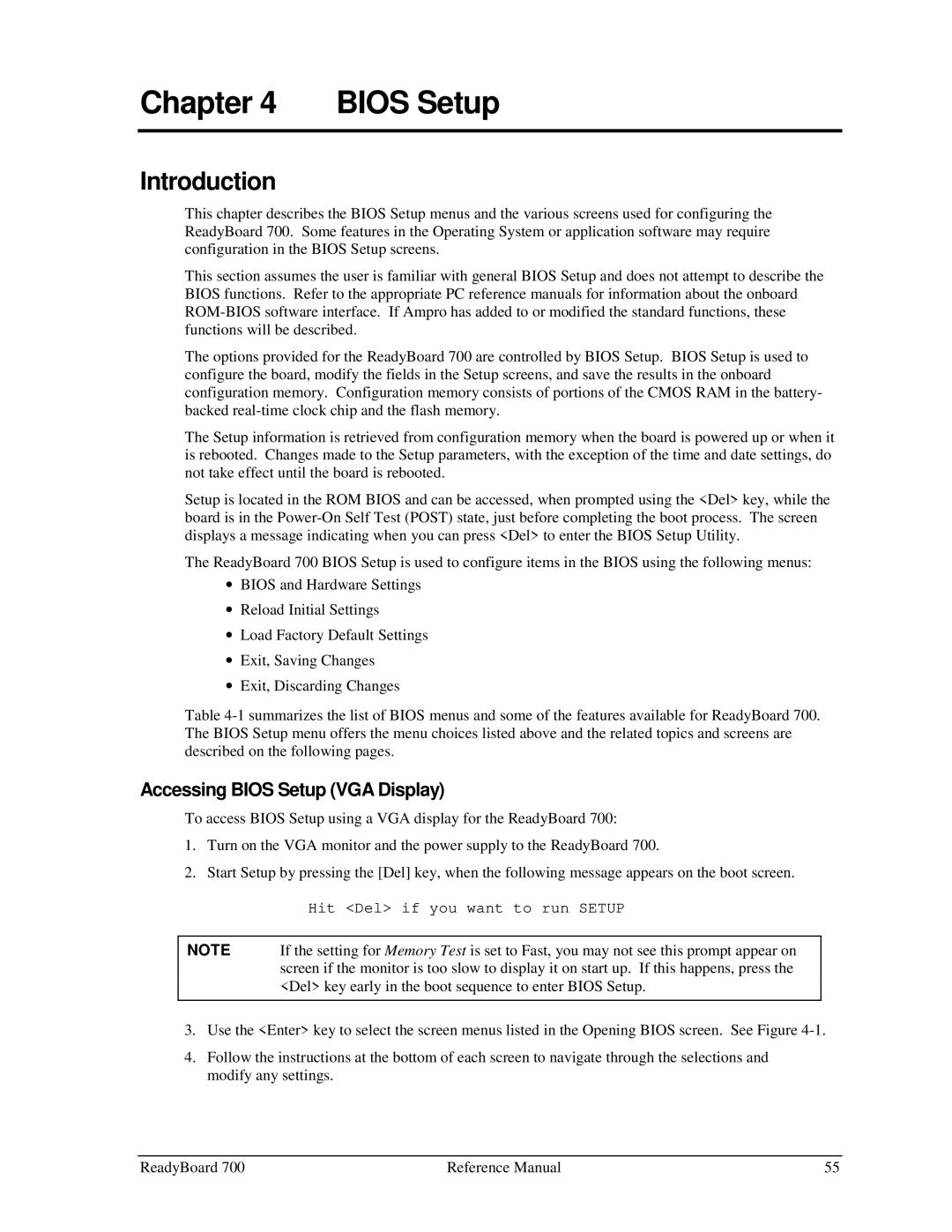 Ampro Corporation 700 manual Introduction, Accessing Bios Setup VGA Display 