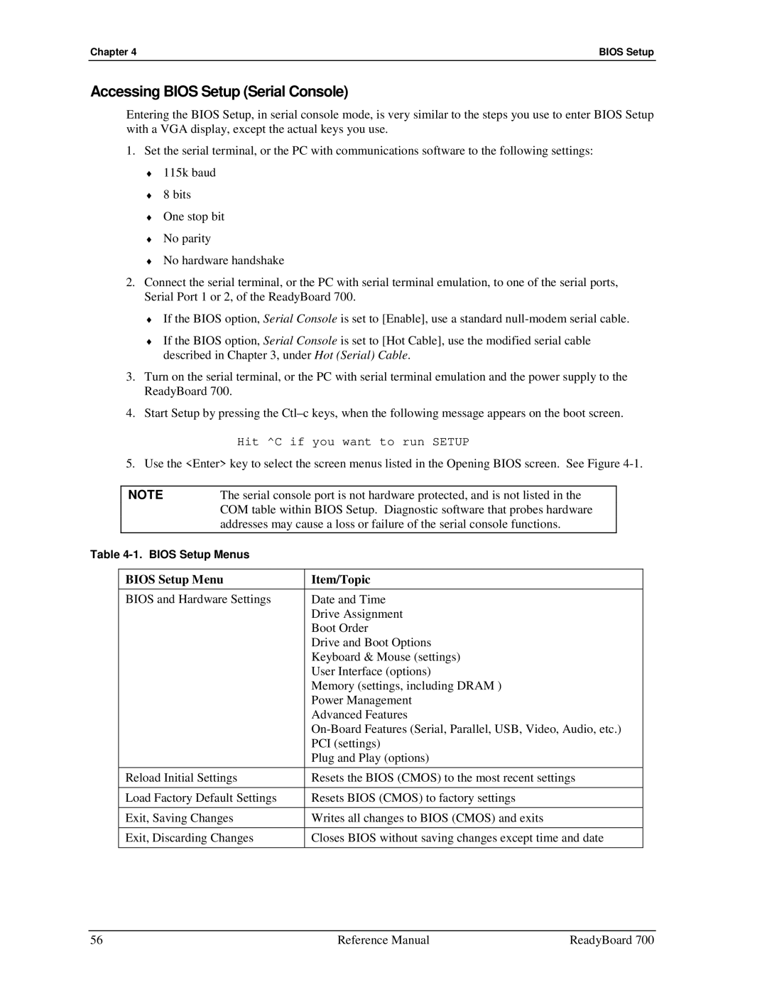 Ampro Corporation 700 manual Accessing Bios Setup Serial Console, Bios Setup Menu Item/Topic 