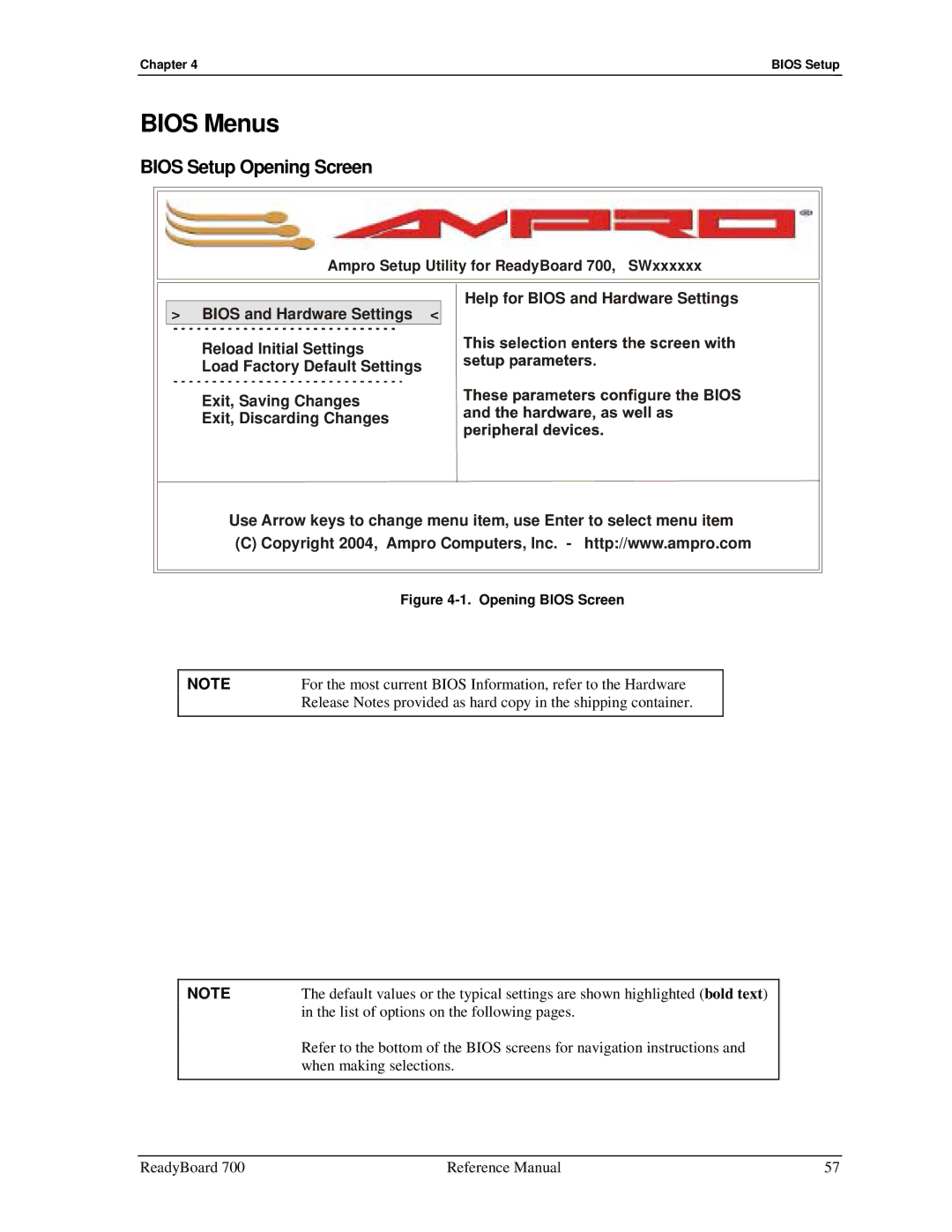 Ampro Corporation 700 manual Bios Menus, Bios Setup Opening Screen 