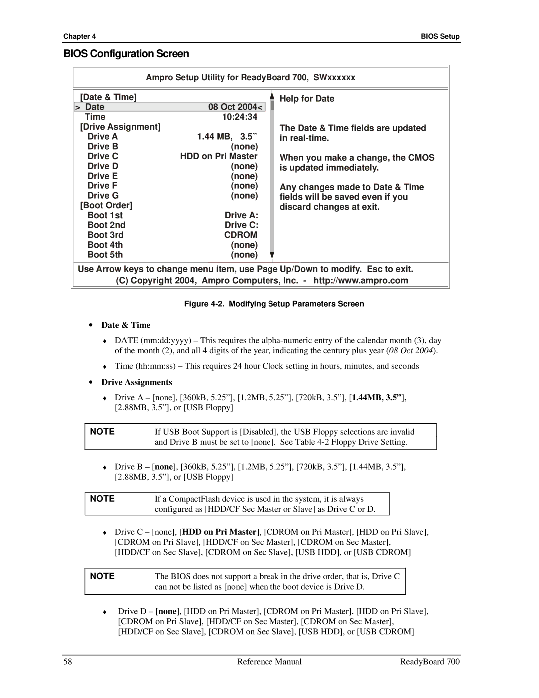 Ampro Corporation 700 manual Bios Configuration Screen, Date & Time, Drive Assignments 