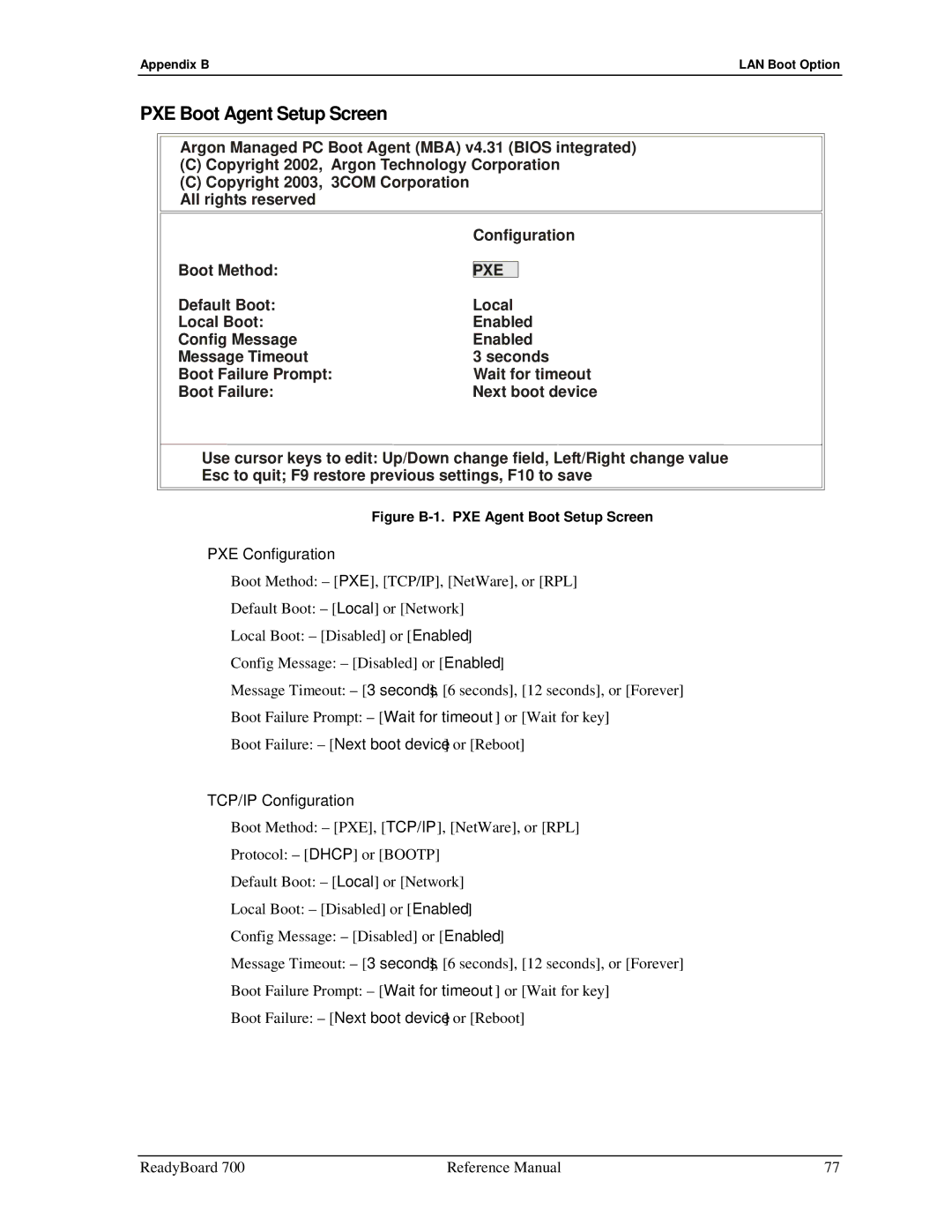 Ampro Corporation 700 manual PXE Boot Agent Setup Screen, PXE Configuration, TCP/IP Configuration 