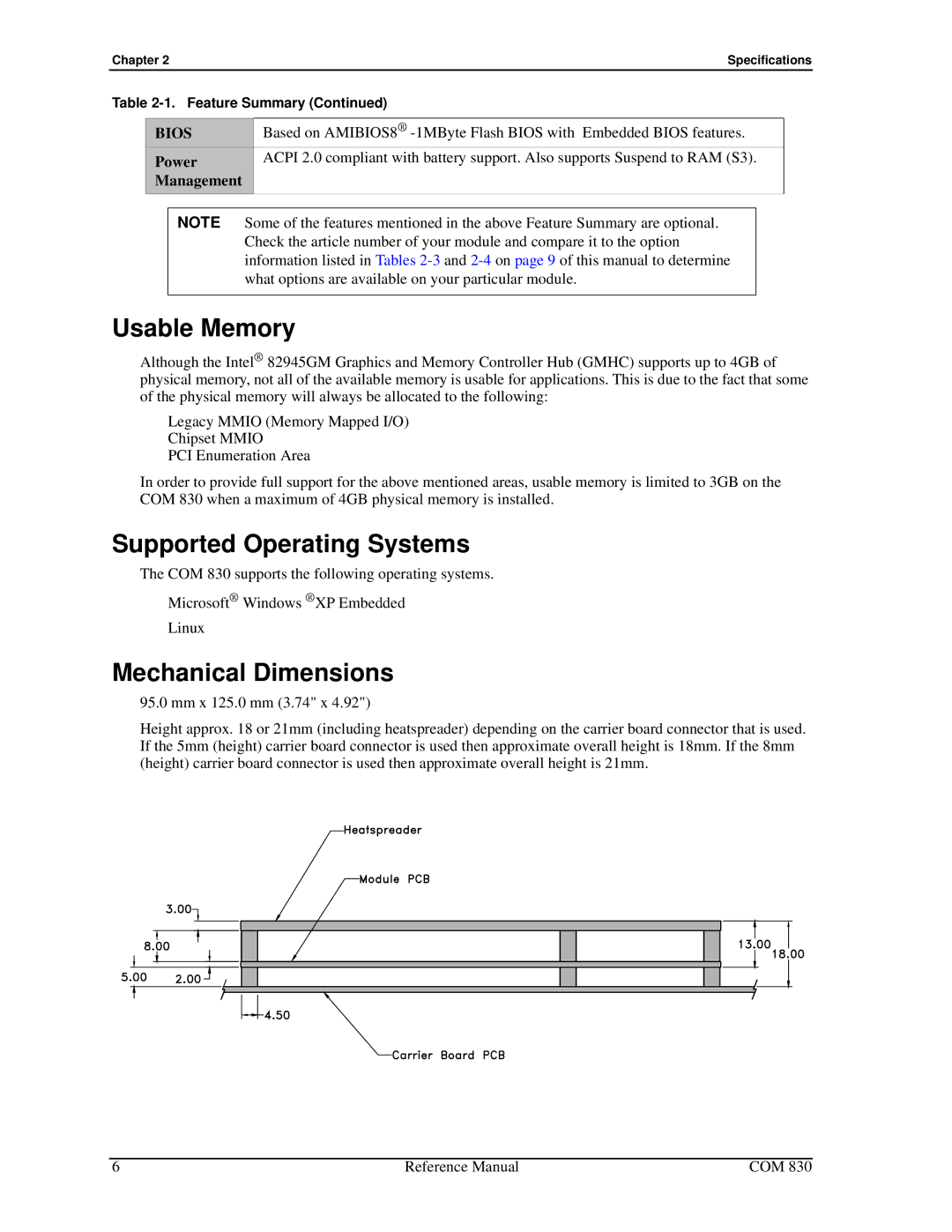 Ampro Corporation COM 830 manual Usable Memory, Supported Operating Systems, Mechanical Dimensions, Power, Management 