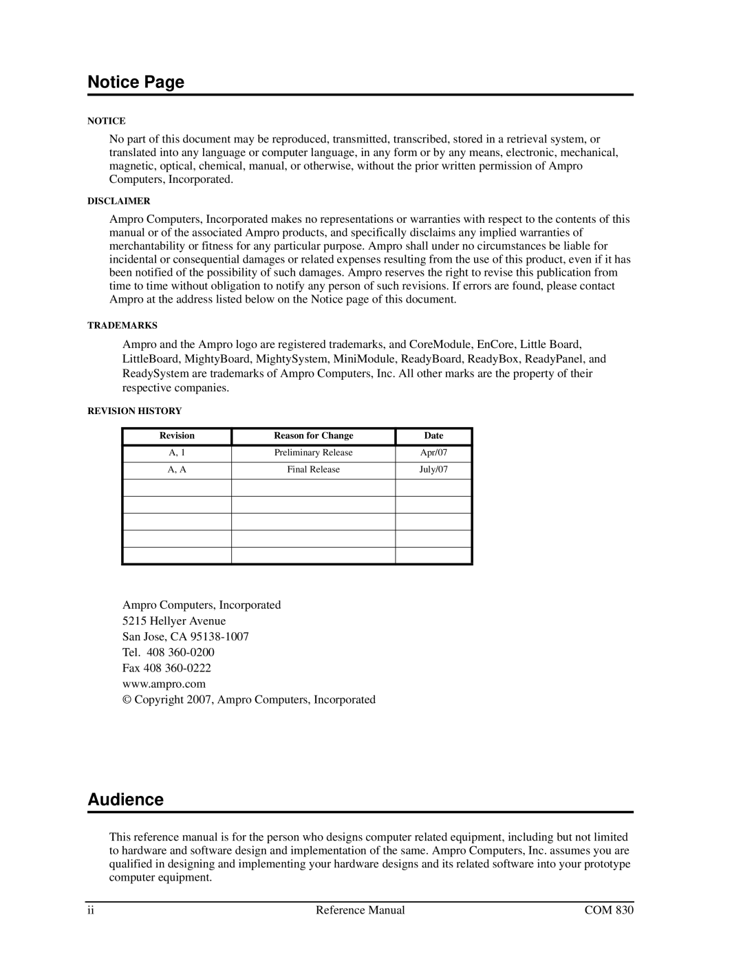 Ampro Corporation COM 830 manual Audience 