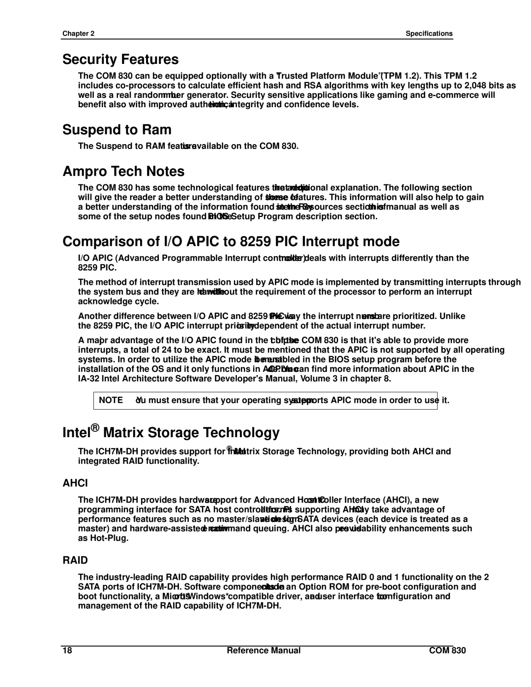 Ampro Corporation COM 830 manual Security Features, Suspend to Ram, Ampro Tech Notes, Intel Matrix Storage Technology 