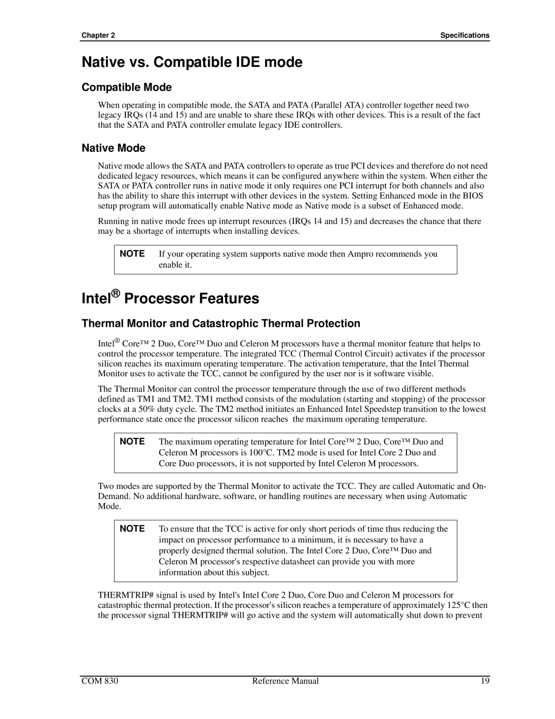 Ampro Corporation COM 830 manual Native vs. Compatible IDE mode, Intel Processor Features, Compatible Mode, Native Mode 