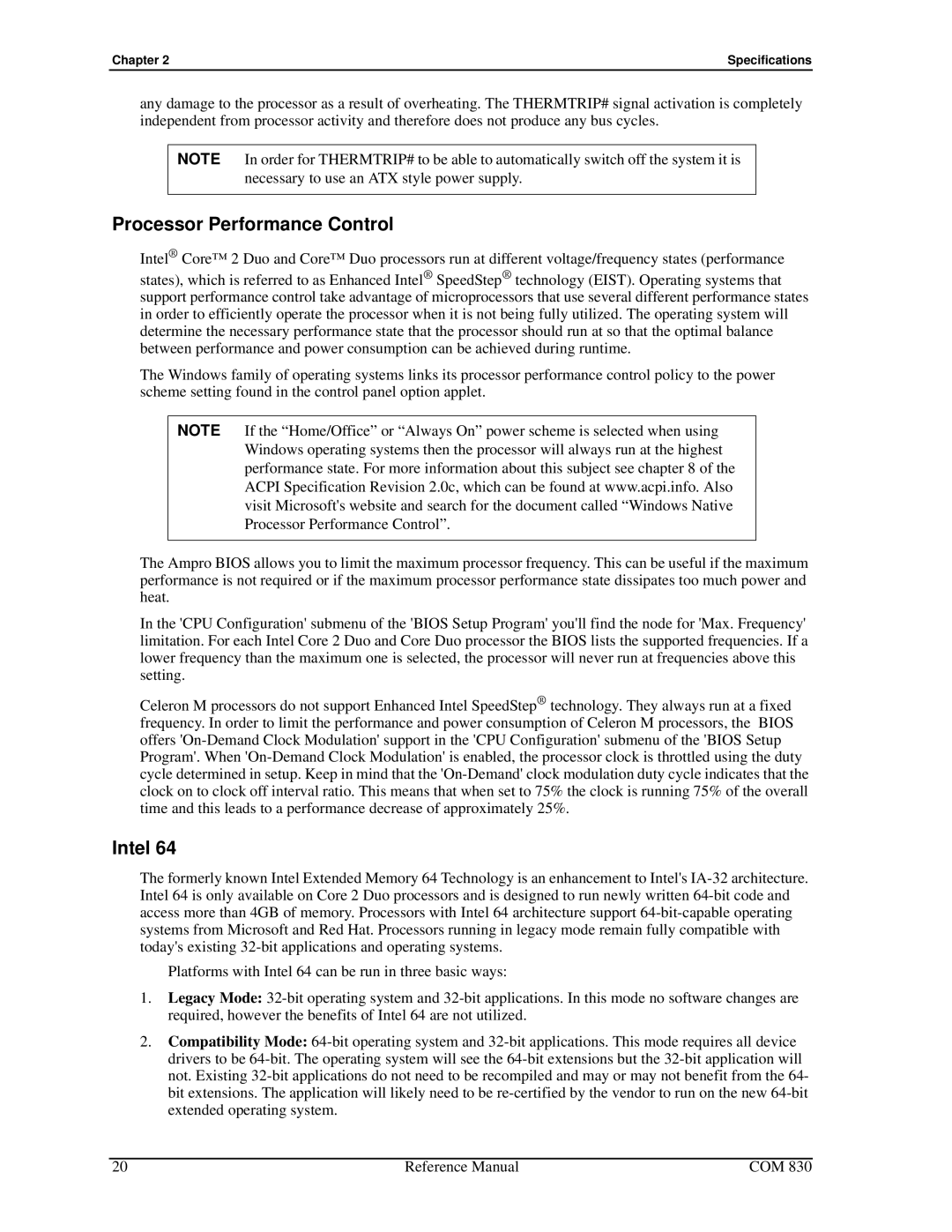 Ampro Corporation COM 830 manual Processor Performance Control, Intel 