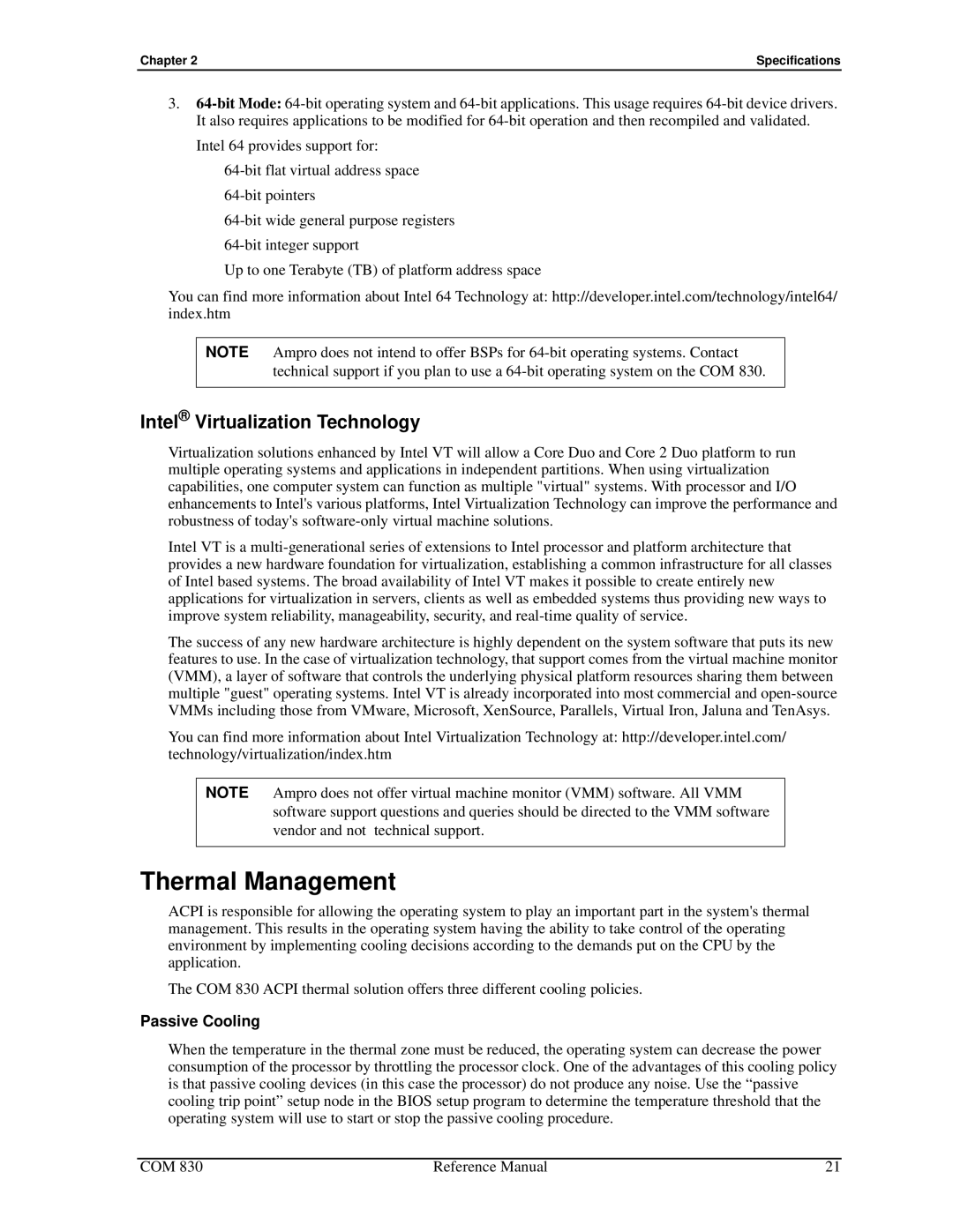 Ampro Corporation COM 830 manual Thermal Management, Intel Virtualization Technology, Passive Cooling 